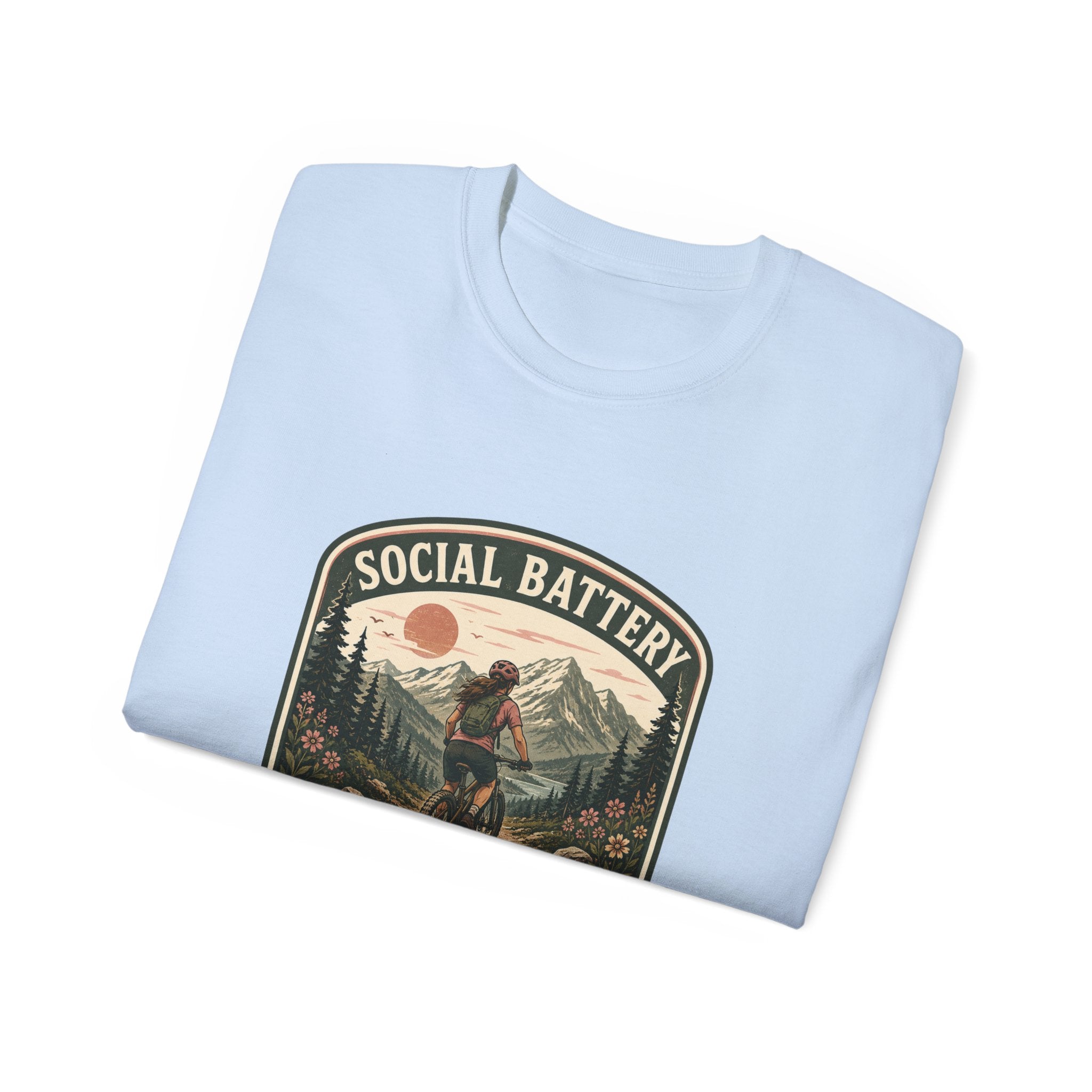 Woman’s Mountain biking T-Shirt — “Social Battery Charges On Trails Only” Outdoor Adventure Tee