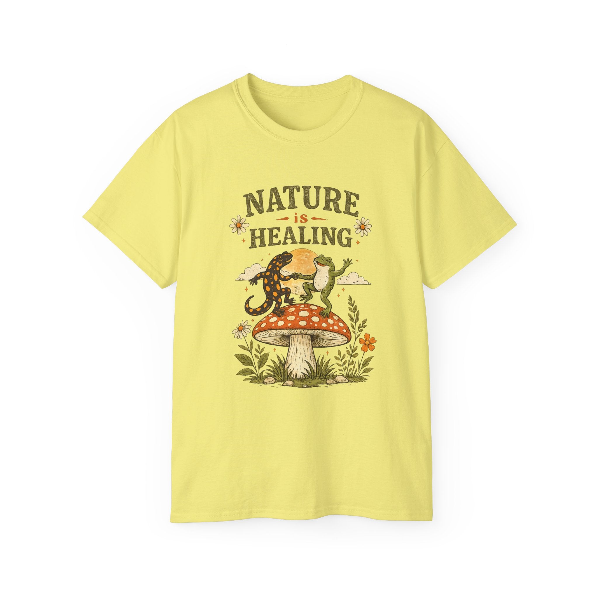 Nature Is Healing T‑Shirt — Retro Mushroom & frog lizard Graphic Tee
