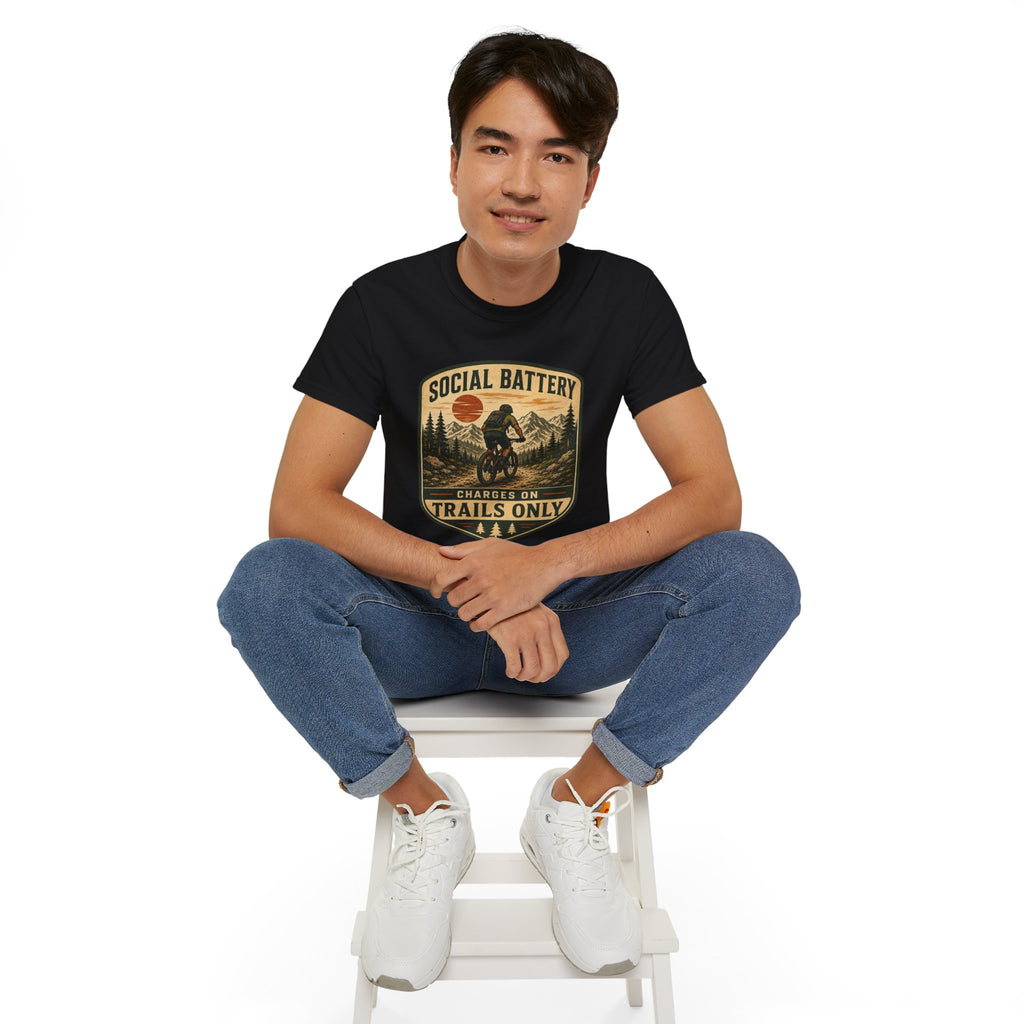 Mountain Biking Tee — "Social Battery Charges on Trails Only" Graphic T‑Shirt