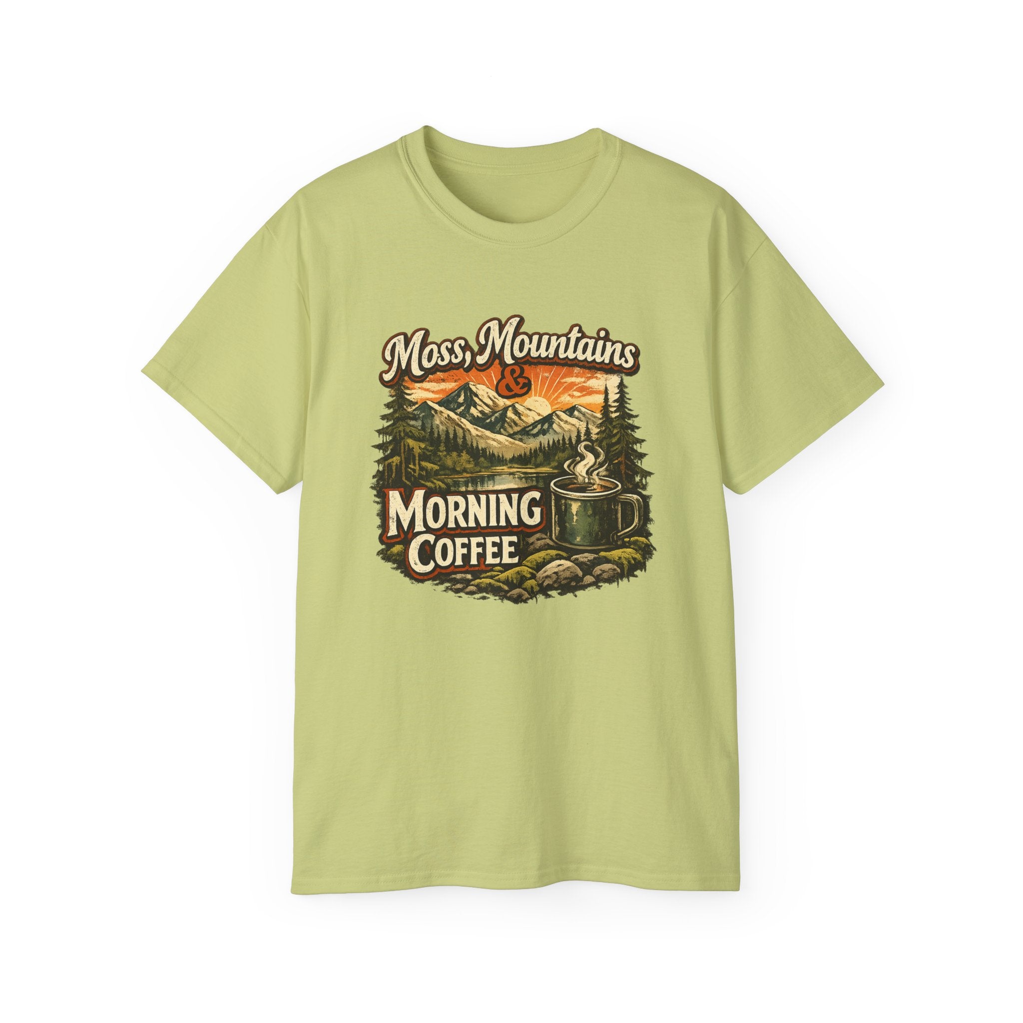 Moss, Mountains & Morning Coffee Tee — Vintage Camping Coffee T‑Shirt