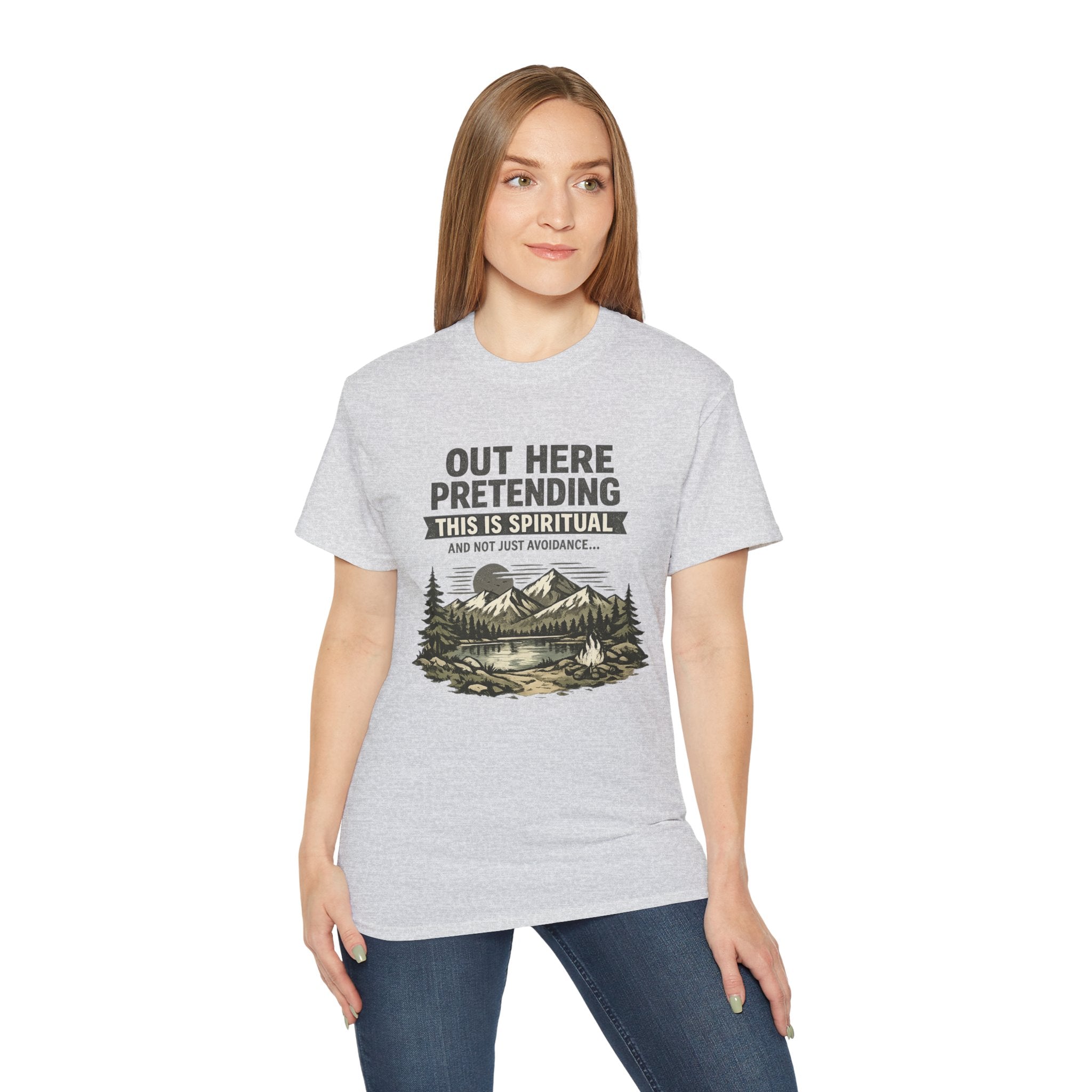 “Out Here Pretending This Is Spiritual” Mountain Camping Shirt