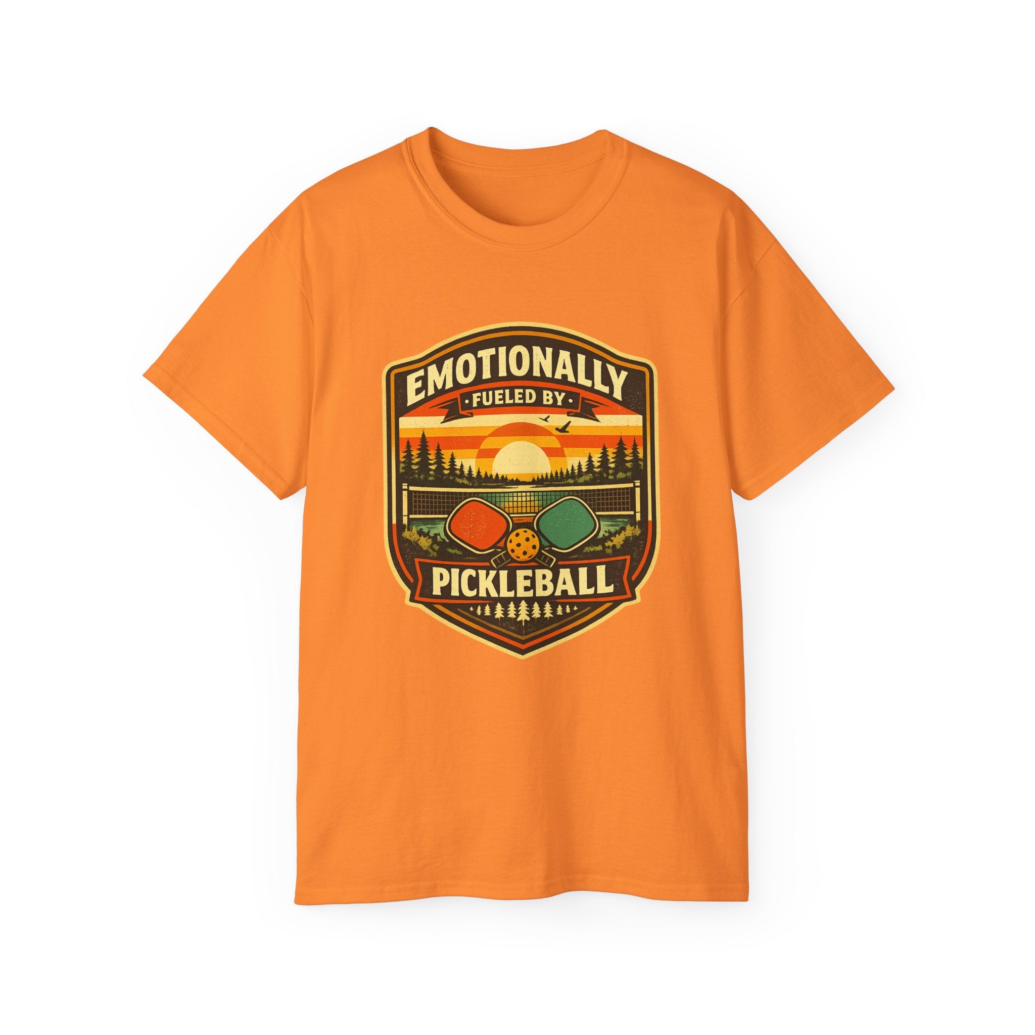 Pickleball Sunset Badge T‑Shirt  Emotionally Fueled by Pickleball