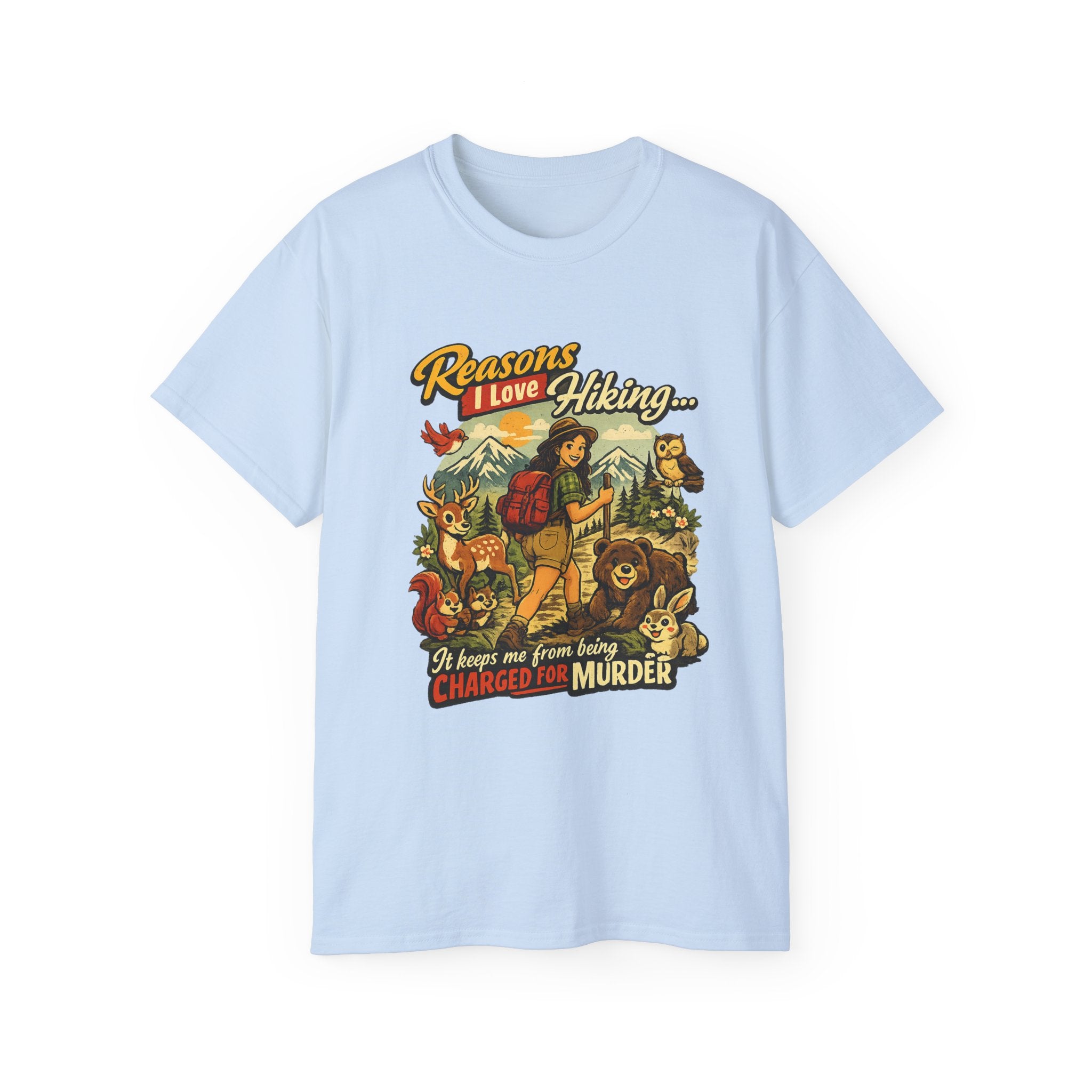 Hiking T-Shirt — "Reasons I Love Hiking... It Keeps Me From Being Charged For Murder" Retro Outdoor Tee