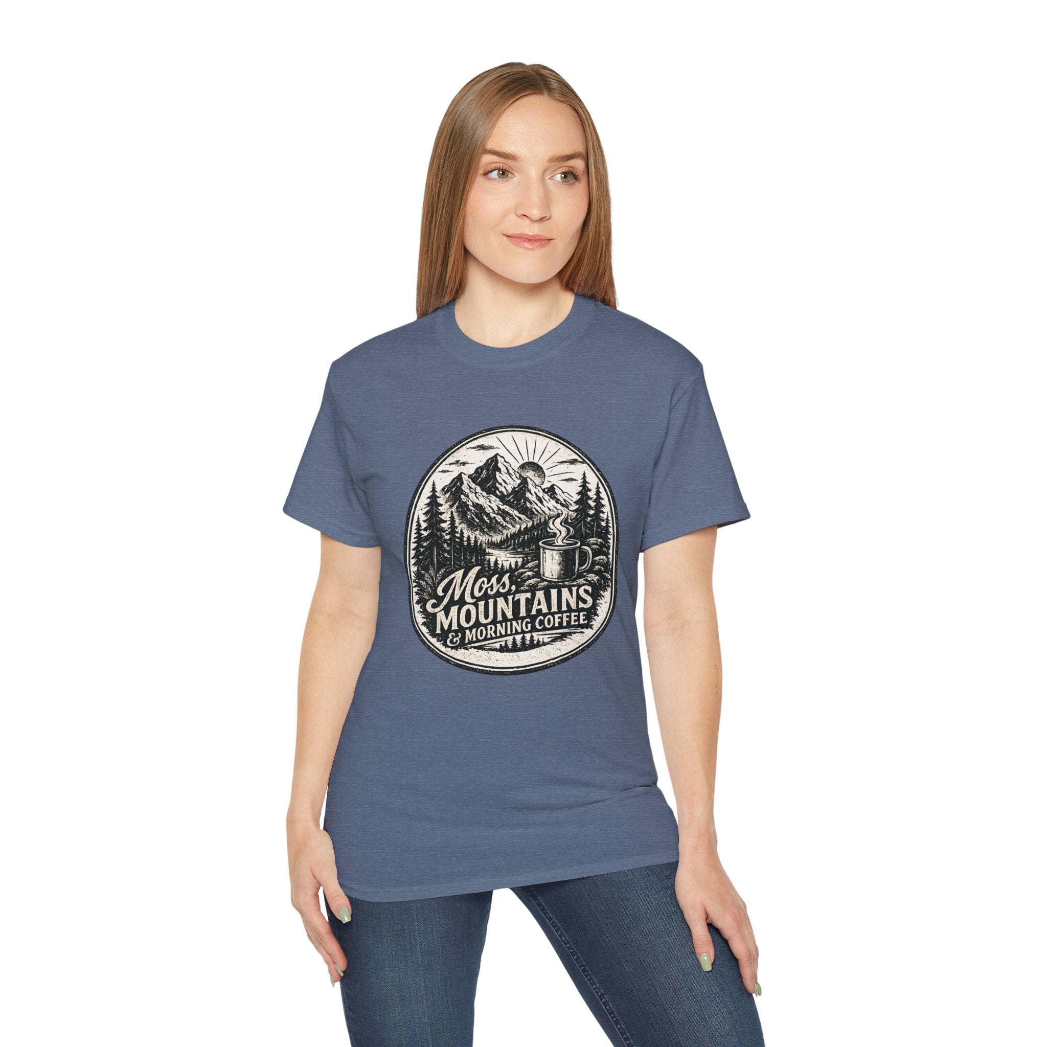 Moss, Mountains & Morning Coffee T-Shirt — Vintage Camping Coffee Tee