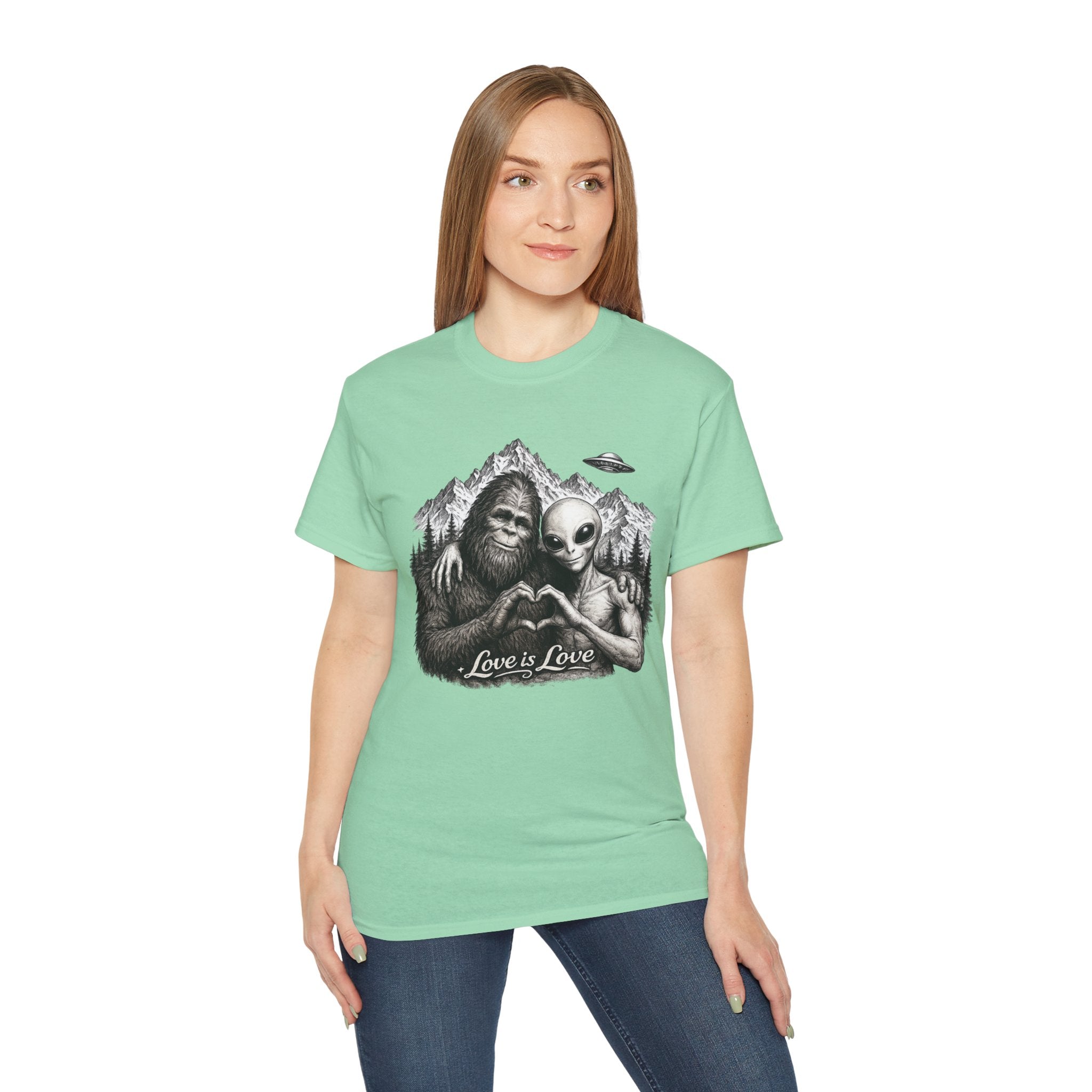 Love Is Love Tee — Bigfoot & Alien Heart Graphic T-Shirt