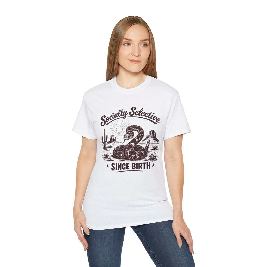 T-Shirt — "Socially Selective Since Birth" Vintage Desert Snake Graphic Tee
