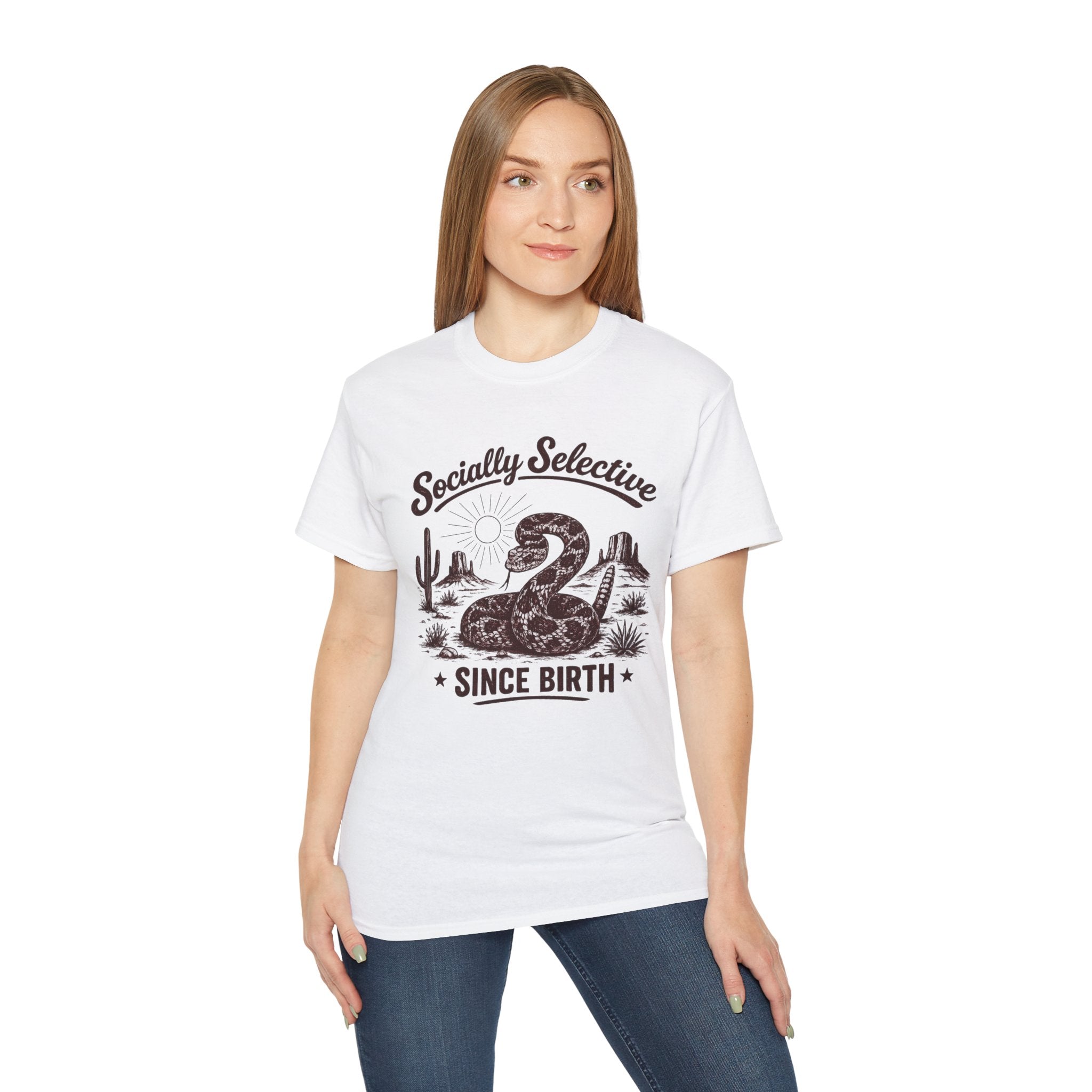 T-Shirt — "Socially Selective Since Birth" Vintage Desert Snake Graphic Tee