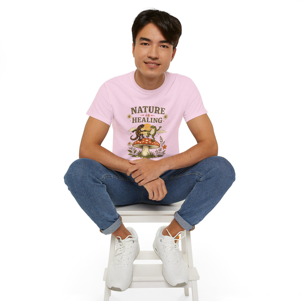 Nature Is Healing T‑Shirt — Retro Mushroom & frog lizard Graphic Tee