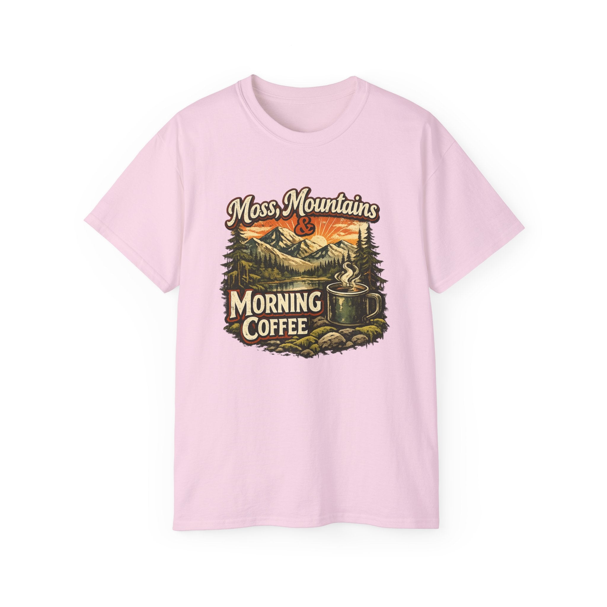 Moss, Mountains & Morning Coffee Tee — Vintage Camping Coffee T‑Shirt