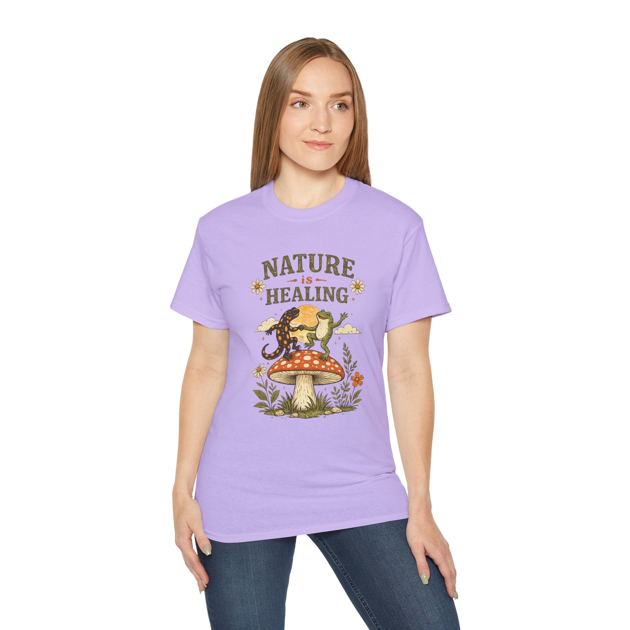 Nature Is Healing T‑Shirt — Retro Mushroom & frog lizard Graphic Tee