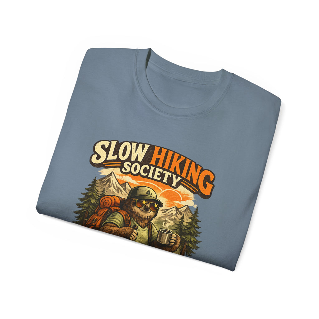 Slow Hiking Society T-Shirt — "Last One to the Top Wins" Vintage Outdoor Tee