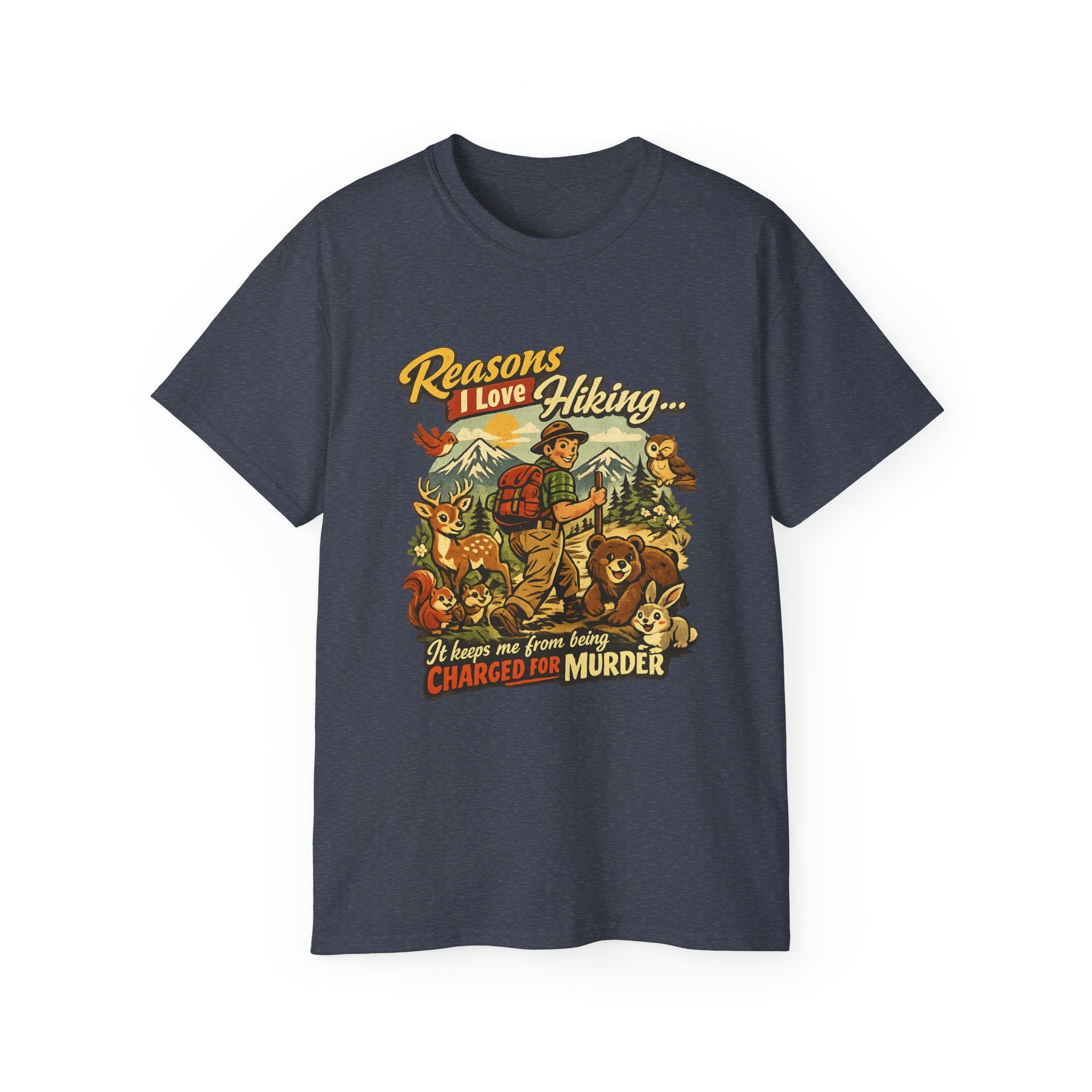 Hiking T-Shirt — Men’s "Reasons I Love Hiking... It Keeps Me From Being Charged For Murder" Vintage Outdoor Tee