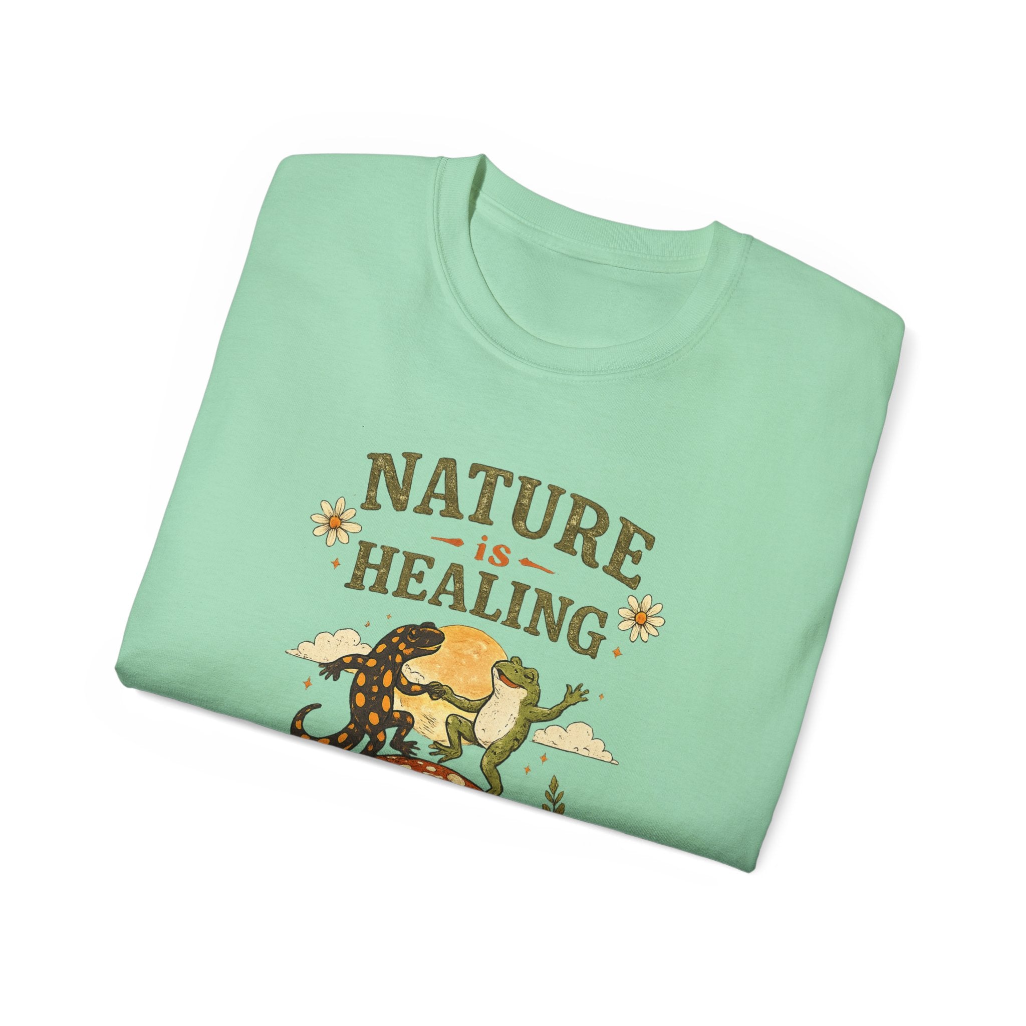 Nature Is Healing T‑Shirt — Retro Mushroom & frog lizard Graphic Tee