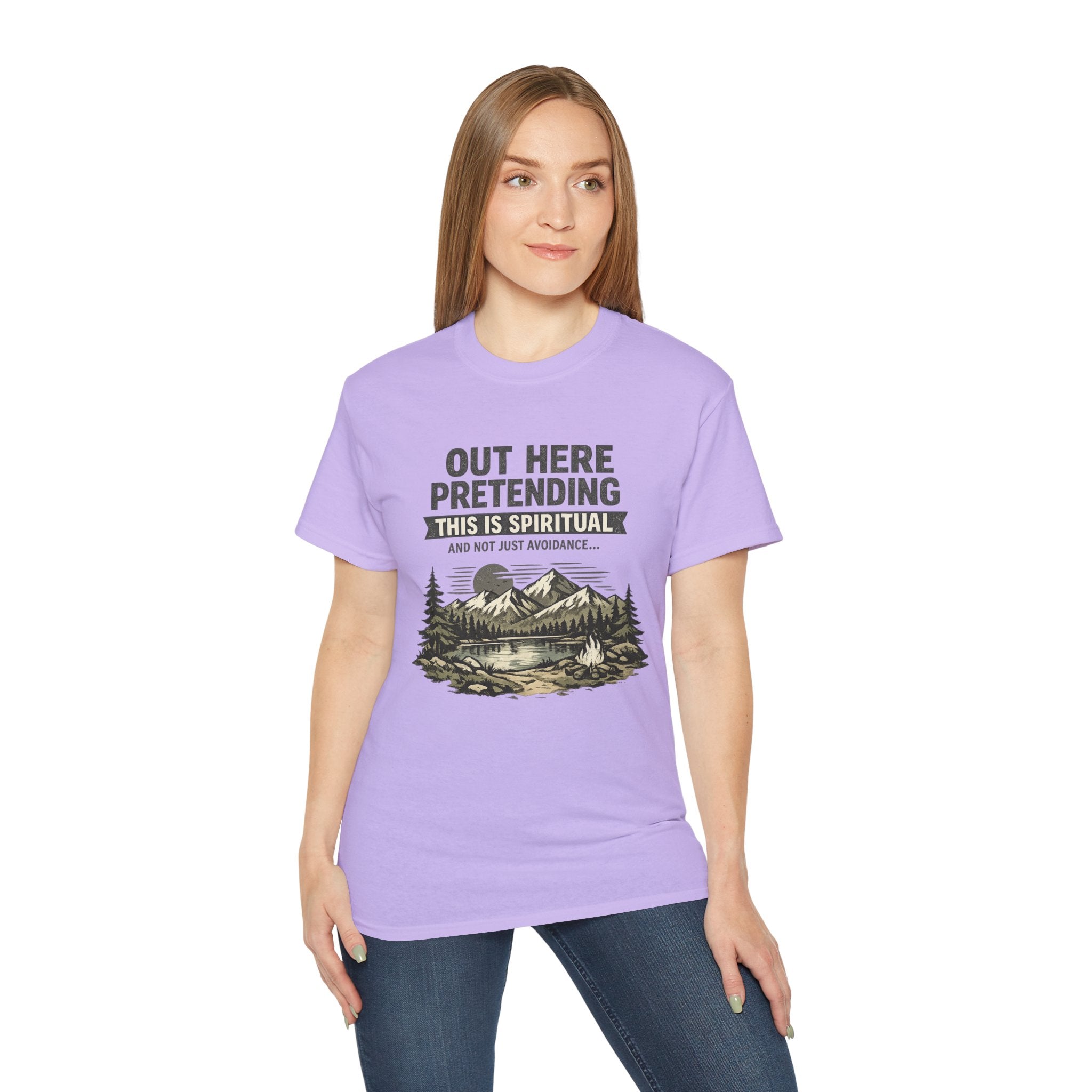 “Out Here Pretending This Is Spiritual” Mountain Camping Shirt