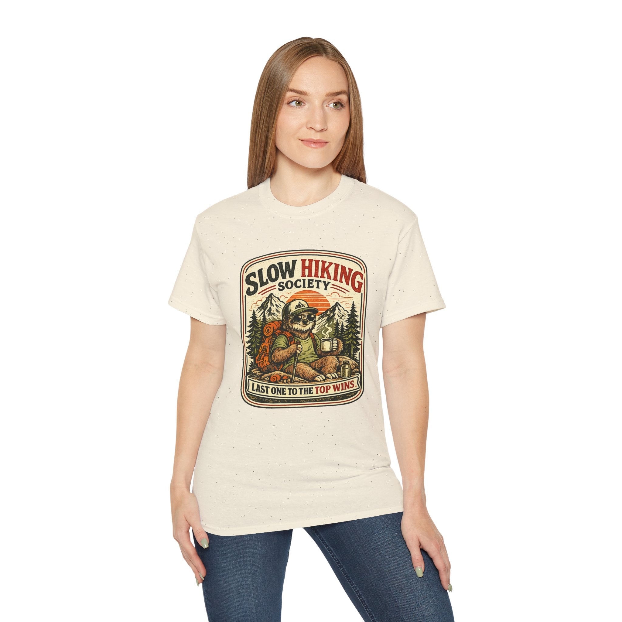 Slow Hiking Society T-Shirt — 'Last One to the Top Wins' Vintage Outdoor Tee
