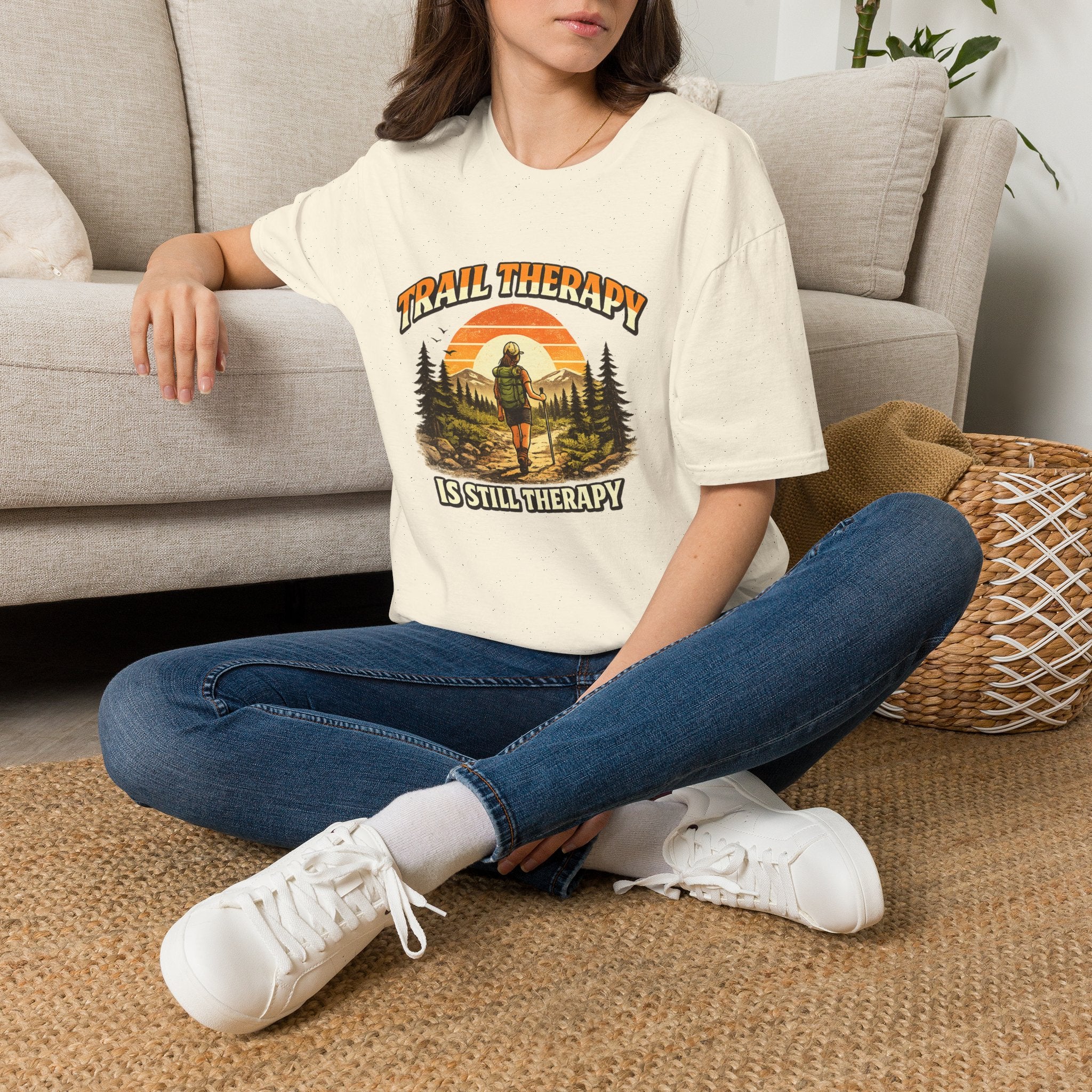 Woman’s Trail Therapy T-Shirt — Female Hiker Sunset Graphic