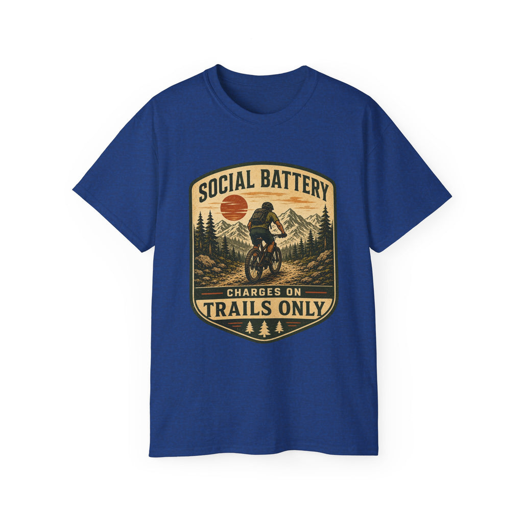 Mountain Biking Tee — "Social Battery Charges on Trails Only" Graphic T‑Shirt