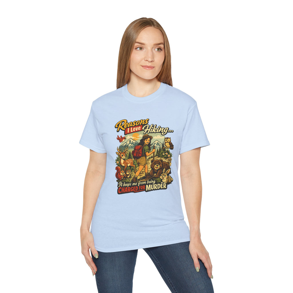 Hiking T-Shirt — "Reasons I Love Hiking... It Keeps Me From Being Charged For Murder" Retro Outdoor Tee