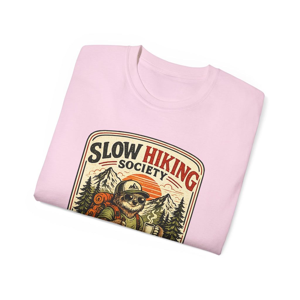 Slow Hiking Society T-Shirt — 'Last One to the Top Wins' Vintage Outdoor Tee