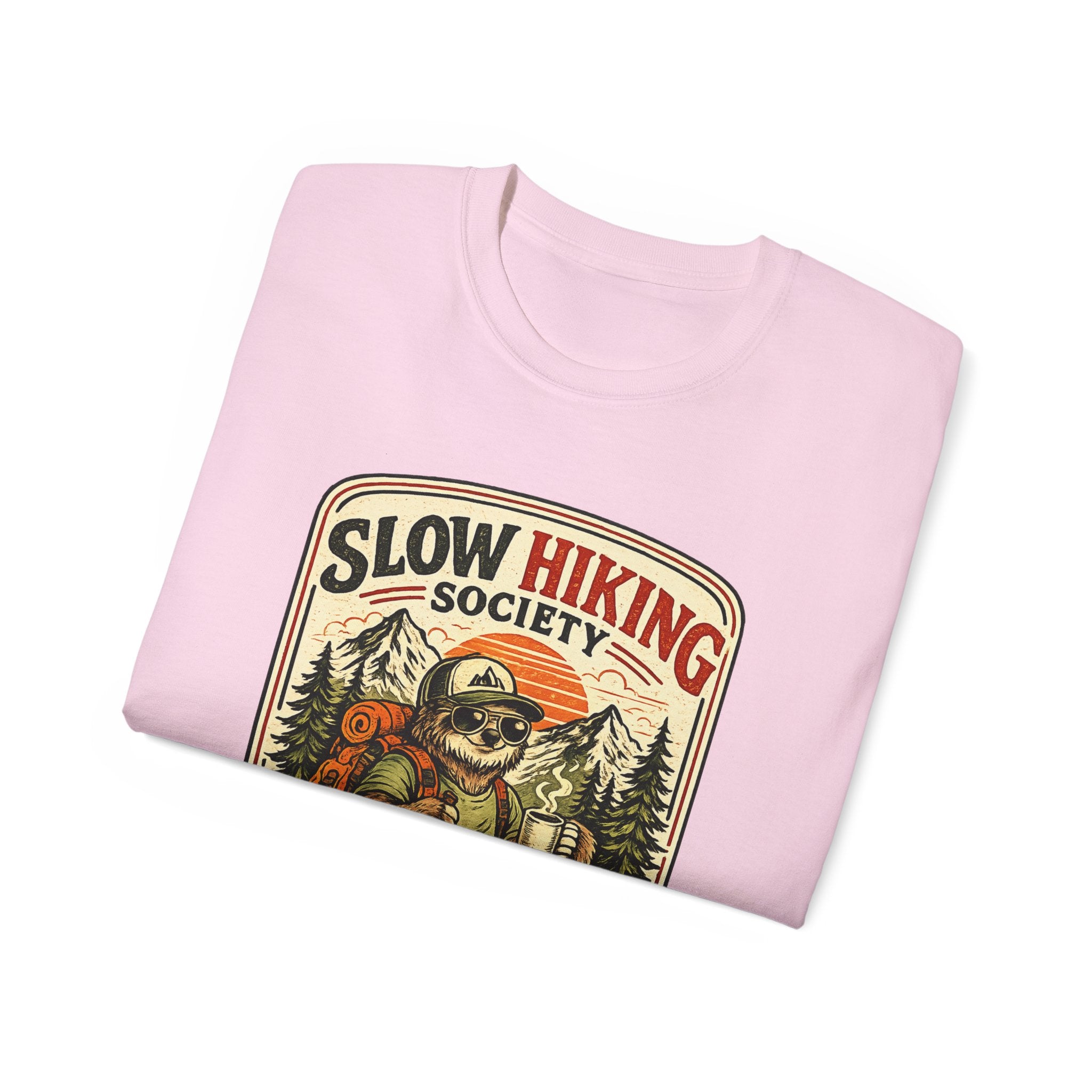 Slow Hiking Society T-Shirt — 'Last One to the Top Wins' Vintage Outdoor Tee