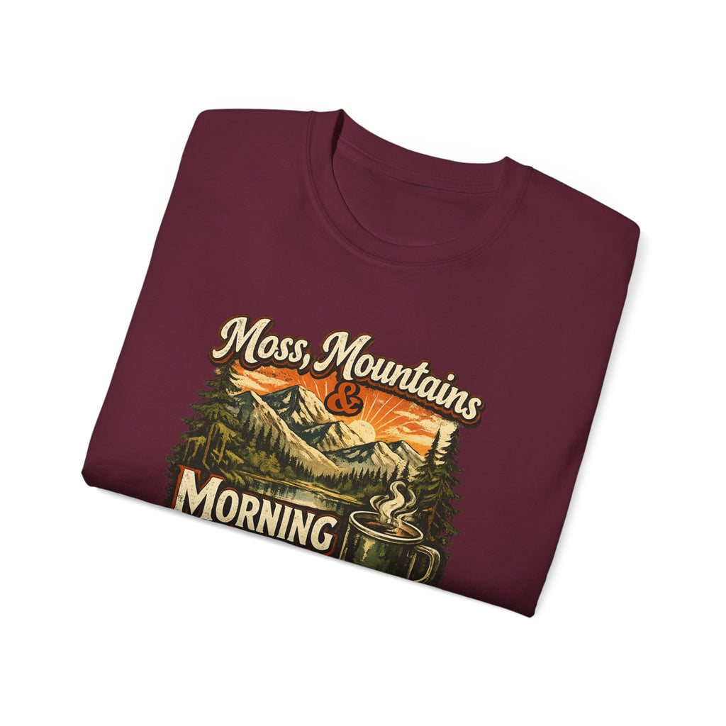 Moss, Mountains & Morning Coffee Tee — Vintage Camping Coffee T‑Shirt