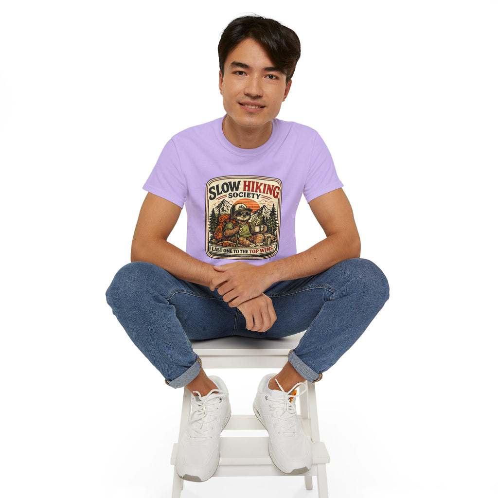 Slow Hiking Society T-Shirt — 'Last One to the Top Wins' Vintage Outdoor Tee