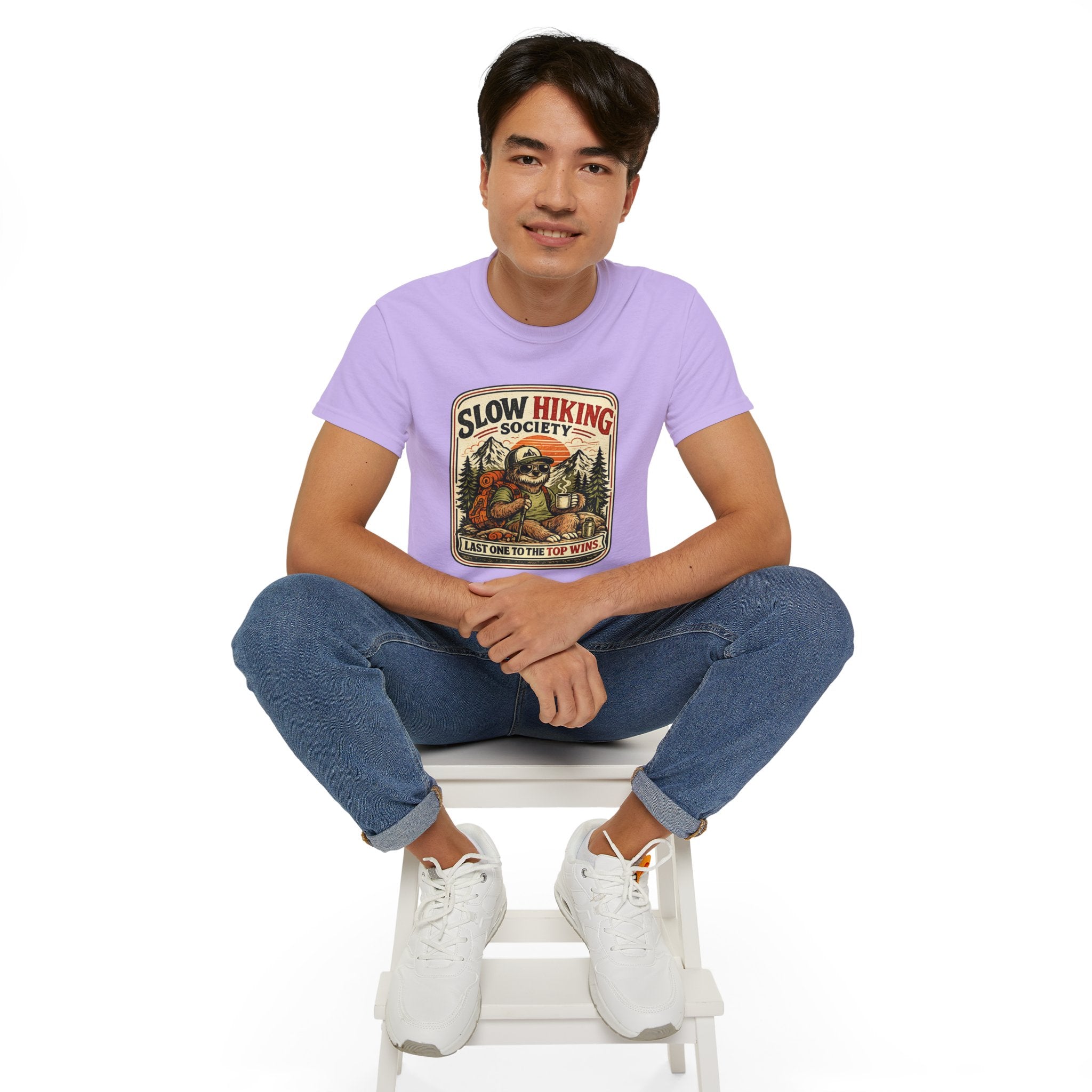 Slow Hiking Society T-Shirt — 'Last One to the Top Wins' Vintage Outdoor Tee
