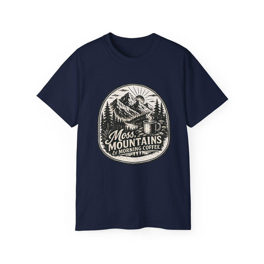 Moss, Mountains & Morning Coffee T-Shirt — Vintage Camping Coffee Tee