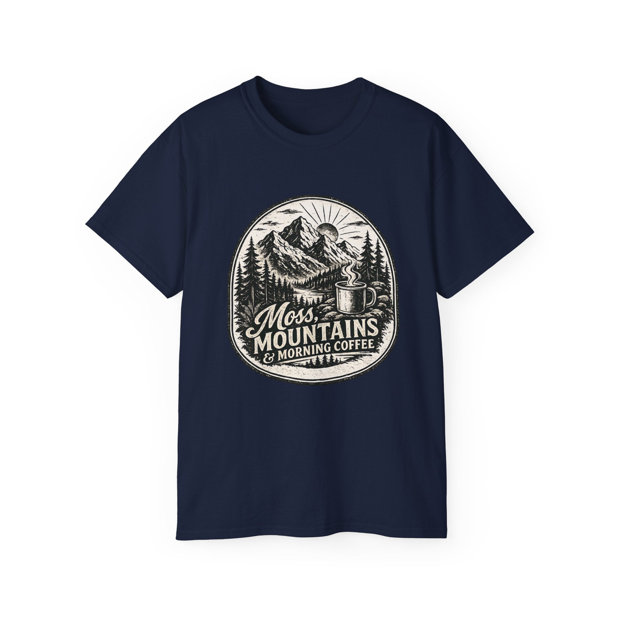 Moss, Mountains & Morning Coffee T-Shirt — Vintage Camping Coffee Tee