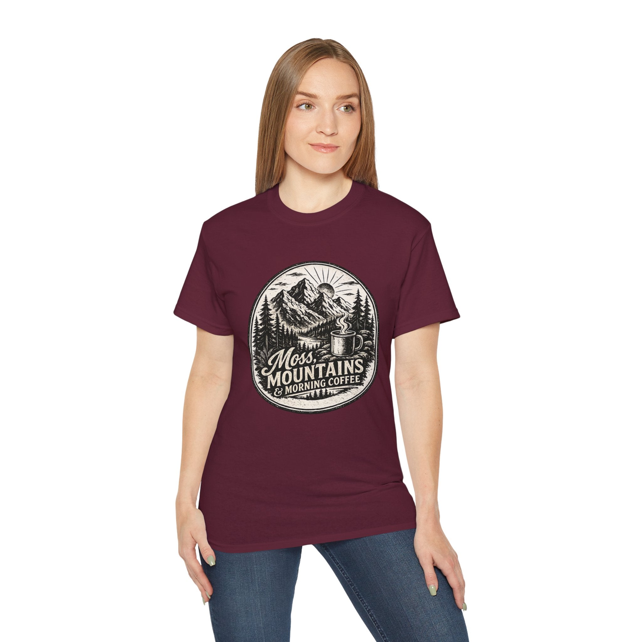 Moss, Mountains & Morning Coffee T-Shirt — Vintage Camping Coffee Tee