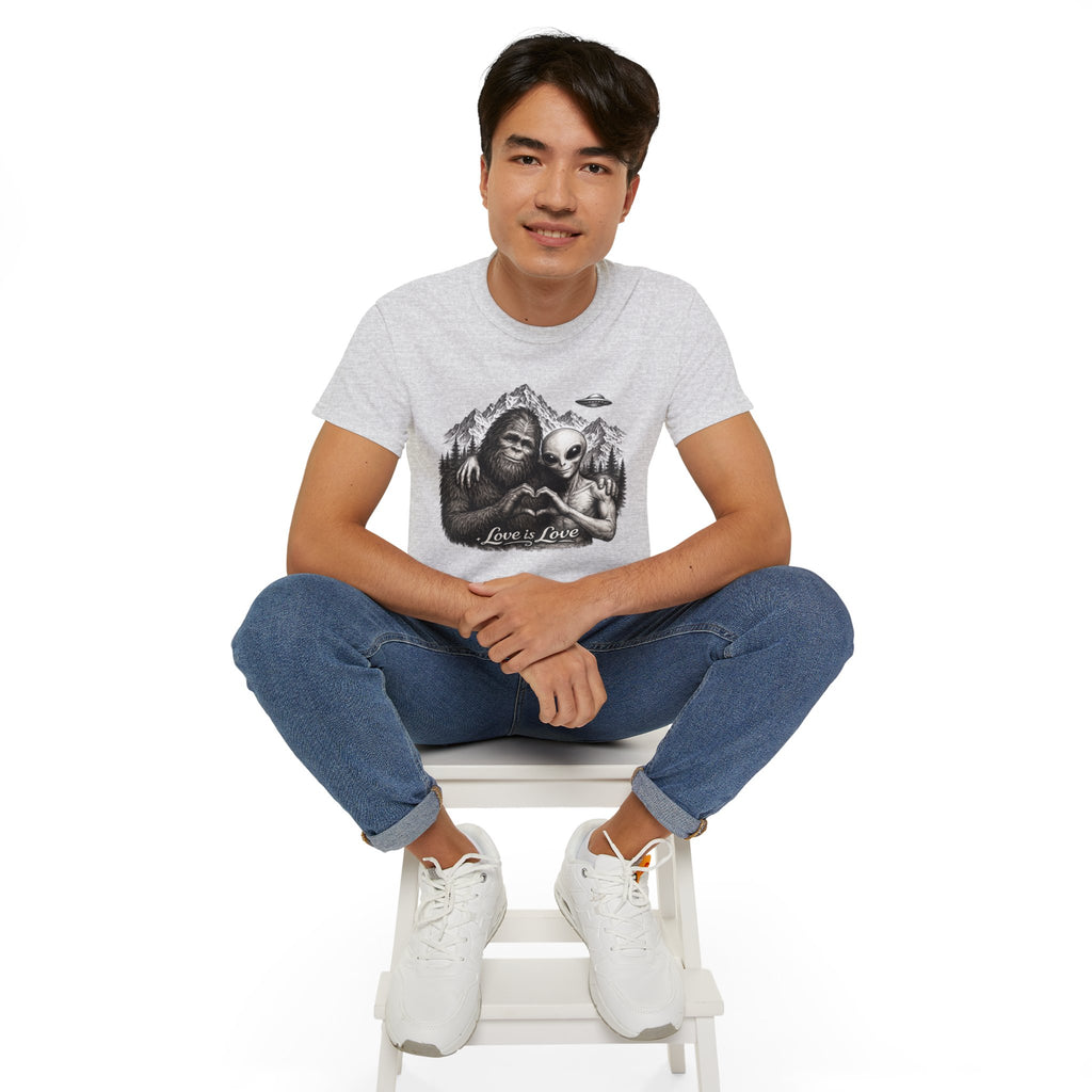 Love Is Love Tee — Bigfoot & Alien Heart Graphic T-Shirt