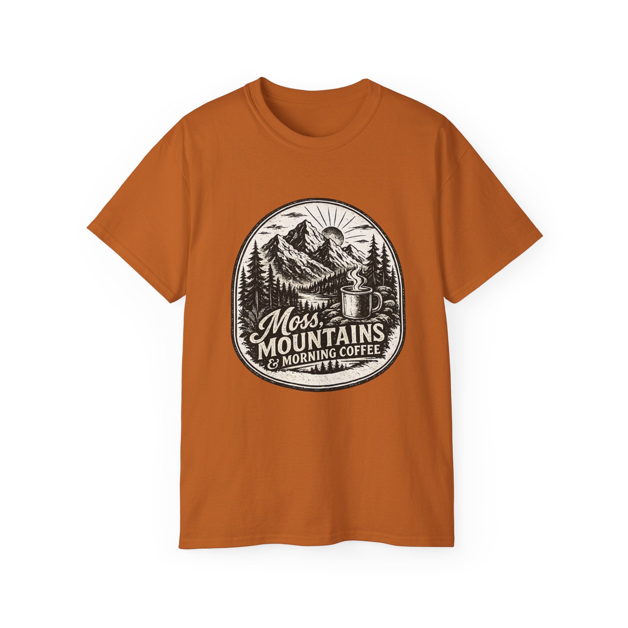 Moss, Mountains & Morning Coffee T-Shirt — Vintage Camping Coffee Tee