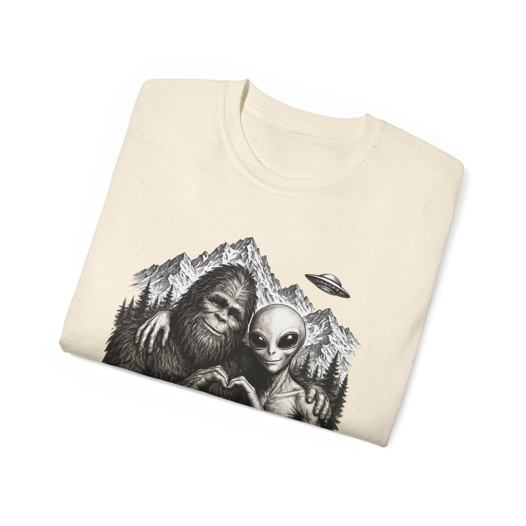 Love Is Love Tee — Bigfoot & Alien Heart Graphic T-Shirt
