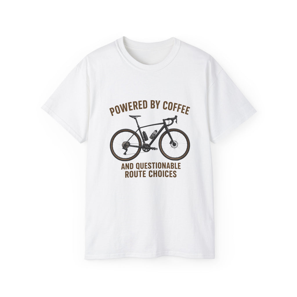 Unisex Coffee-Powered gravel Bike T-Shirt — "Powered by Coffee and Questionable Route Choices"