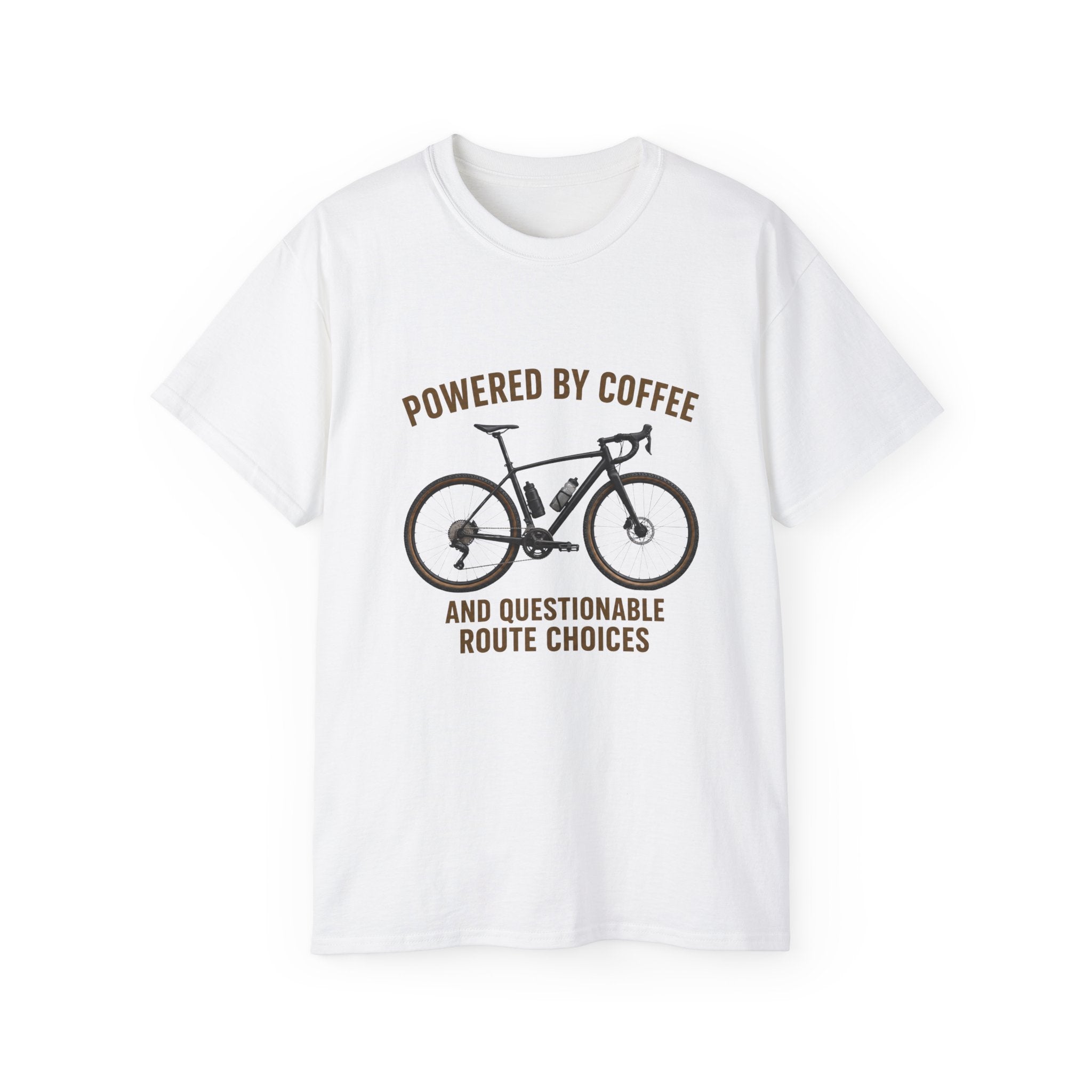 Unisex Coffee-Powered gravel Bike T-Shirt — "Powered by Coffee and Questionable Route Choices"