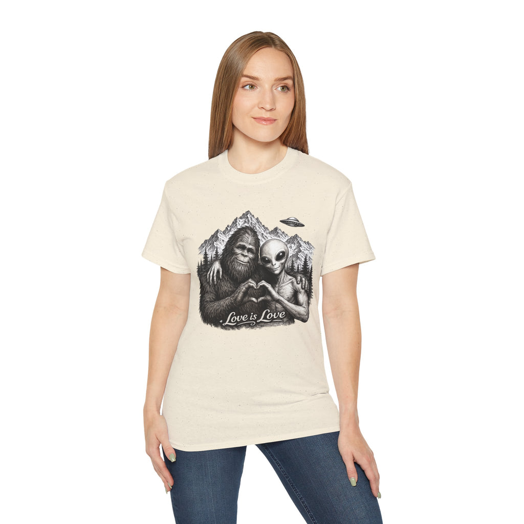 Love Is Love Tee — Bigfoot & Alien Heart Graphic T-Shirt