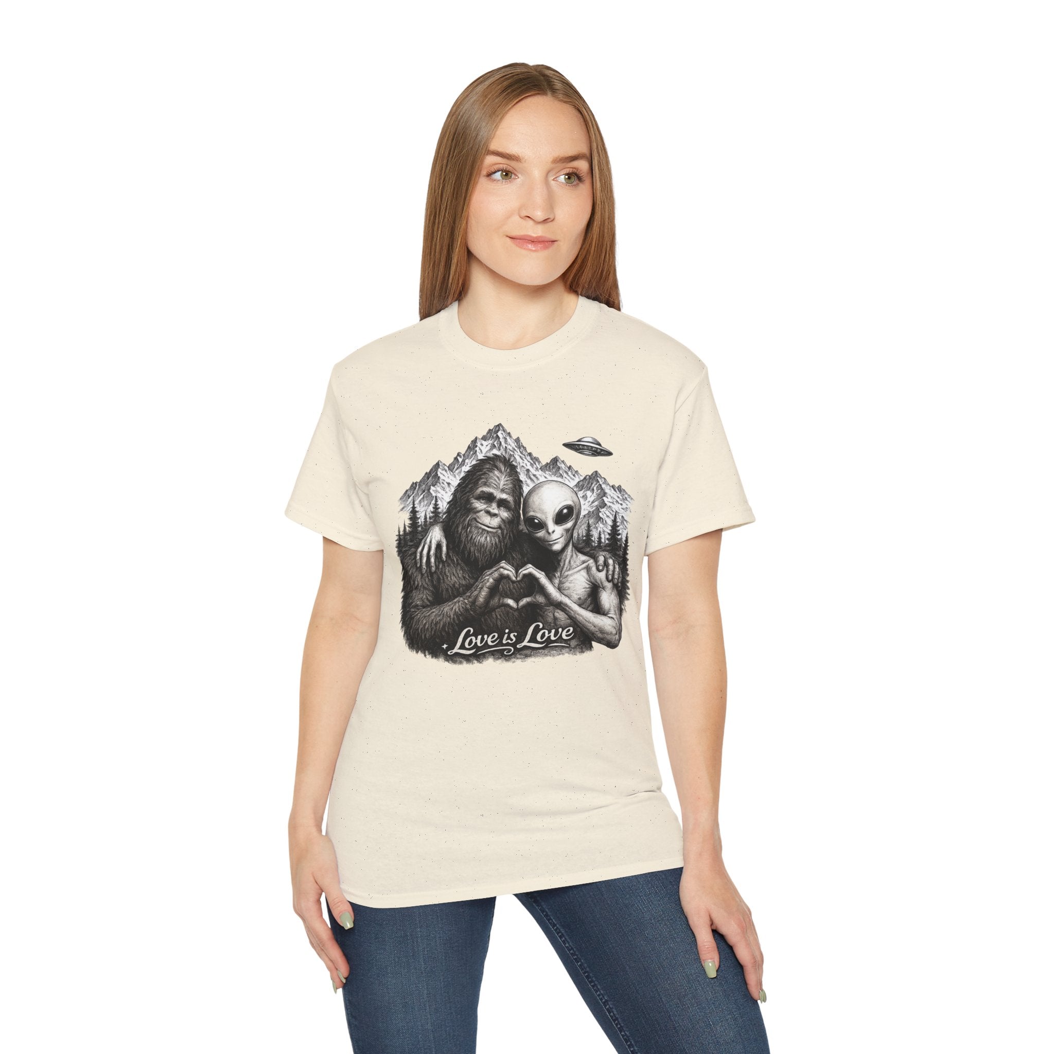 Love Is Love Tee — Bigfoot & Alien Heart Graphic T-Shirt