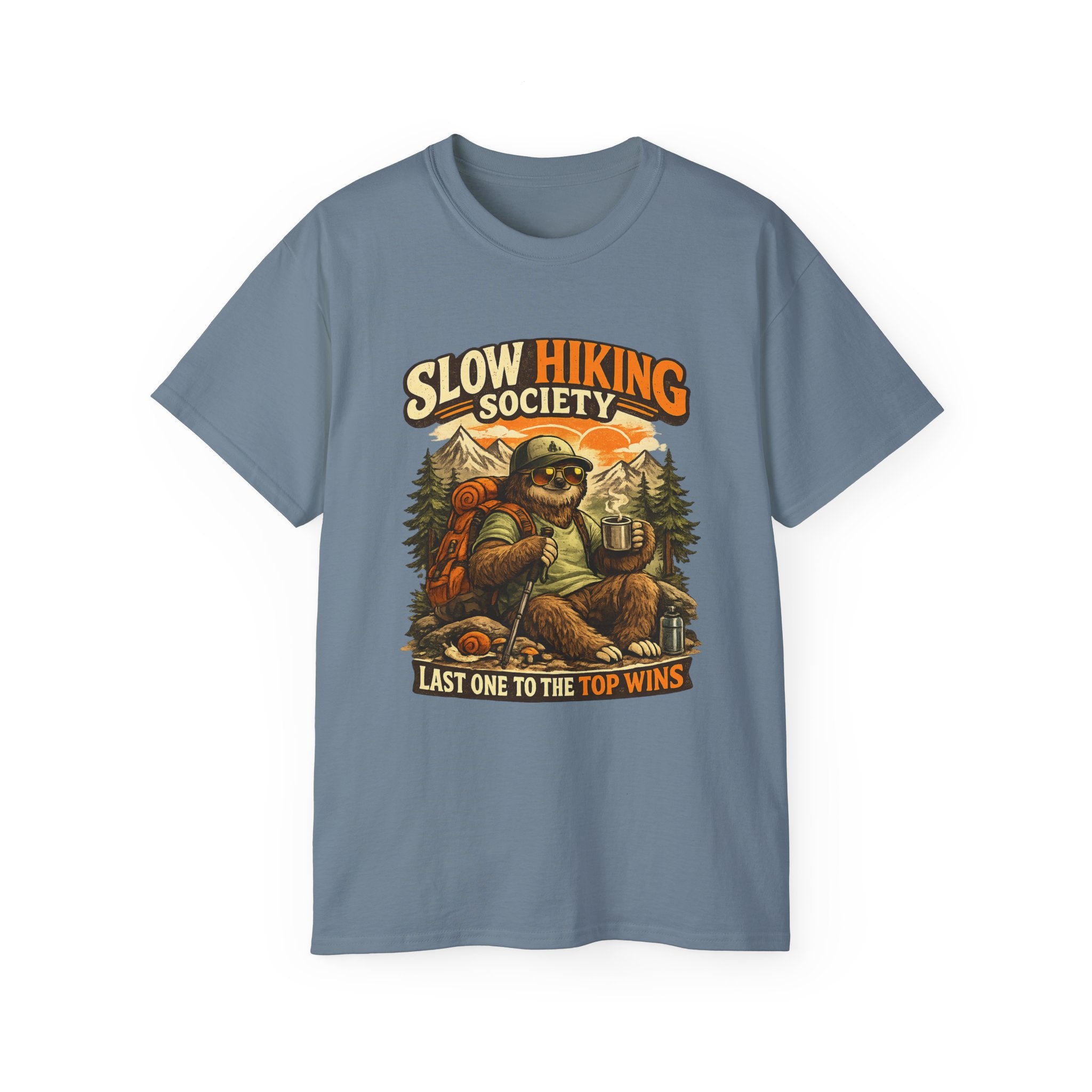Slow Hiking Society T-Shirt — "Last One to the Top Wins" Vintage Outdoor Tee