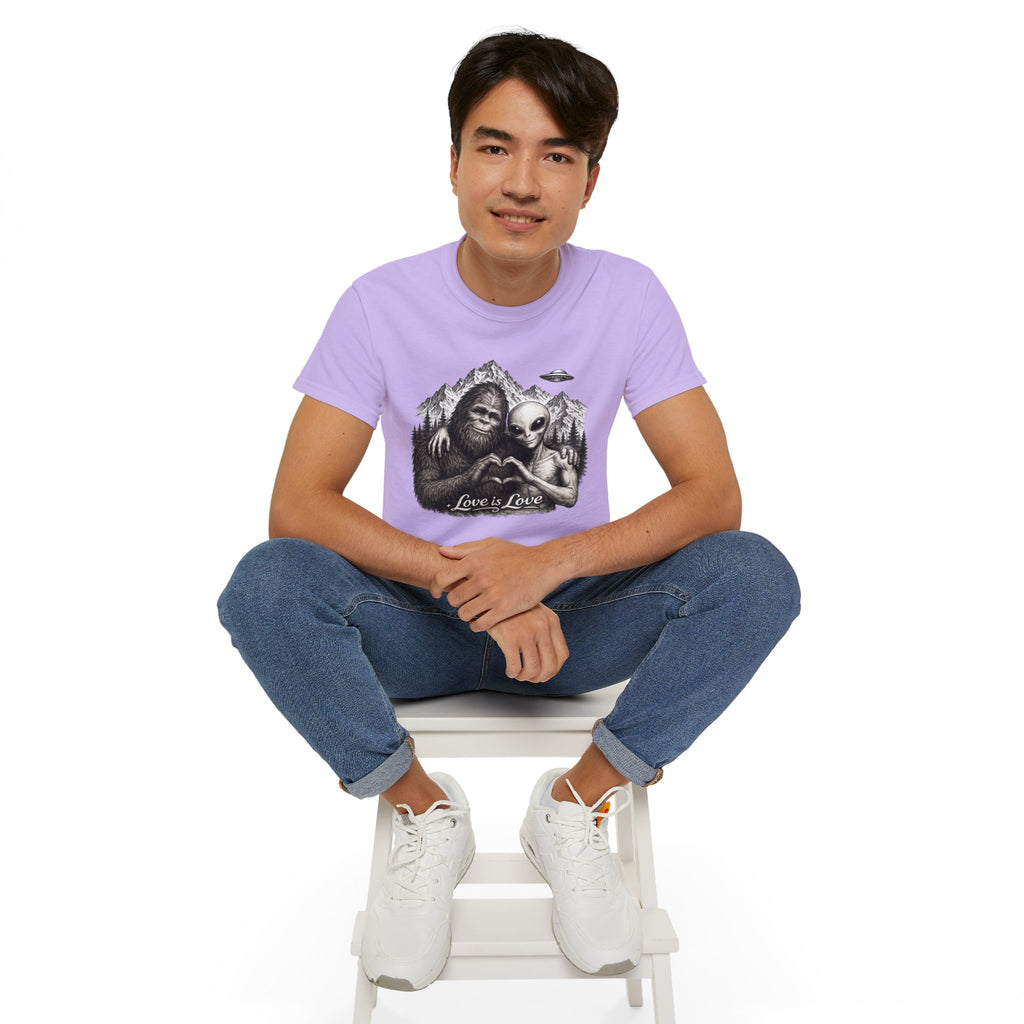Love Is Love Tee — Bigfoot & Alien Heart Graphic T-Shirt