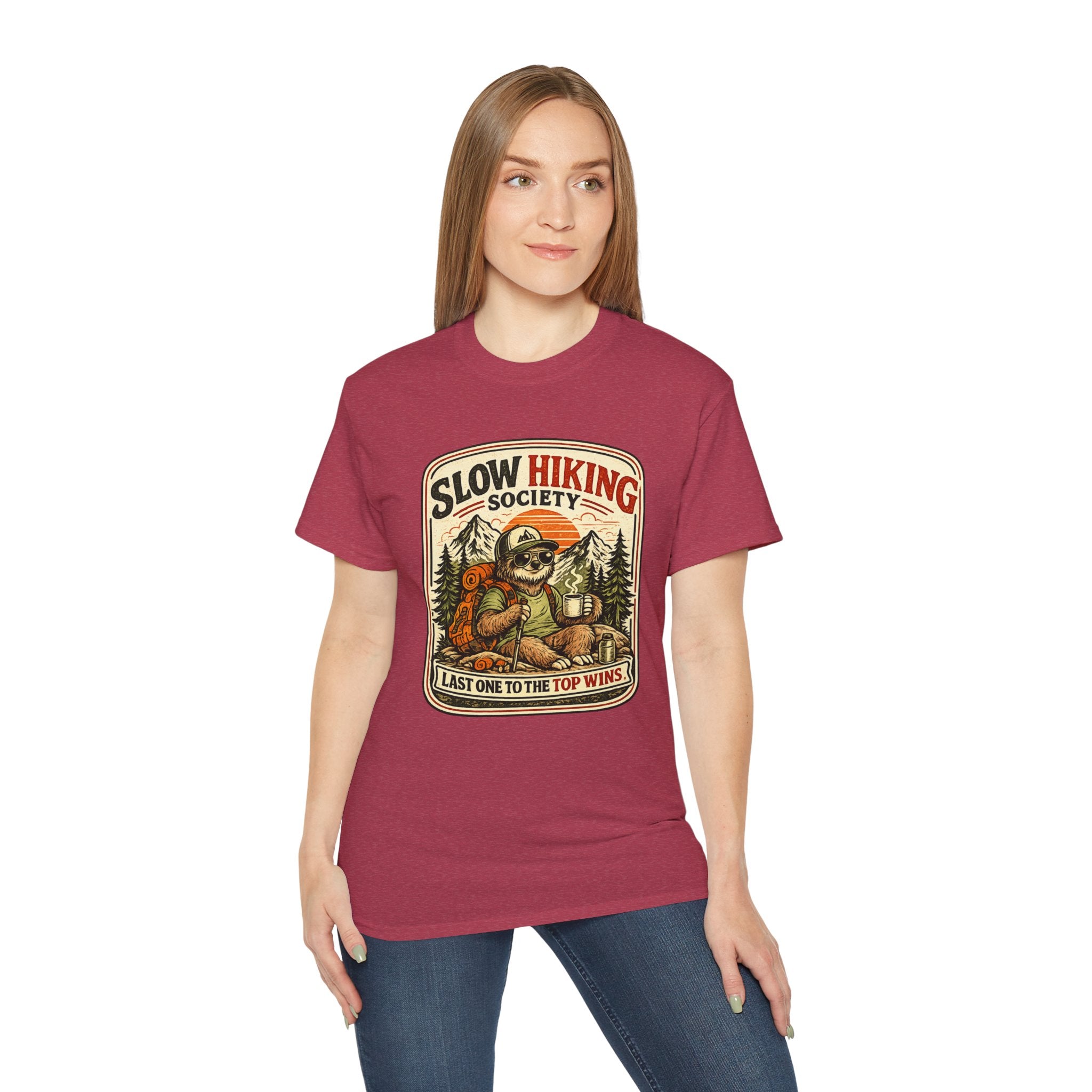 Slow Hiking Society T-Shirt — 'Last One to the Top Wins' Vintage Outdoor Tee