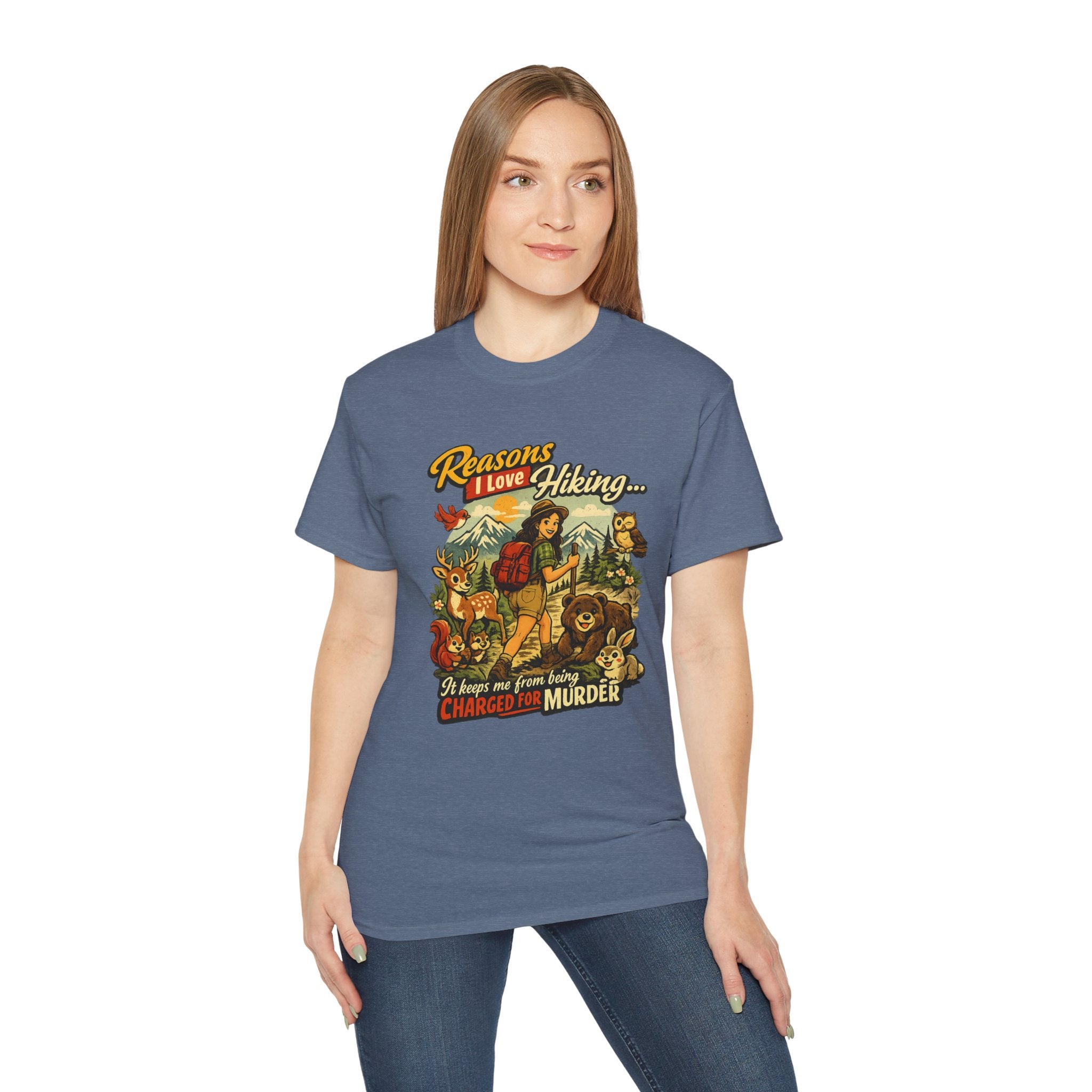 Hiking T-Shirt — "Reasons I Love Hiking... It Keeps Me From Being Charged For Murder" Retro Outdoor Tee