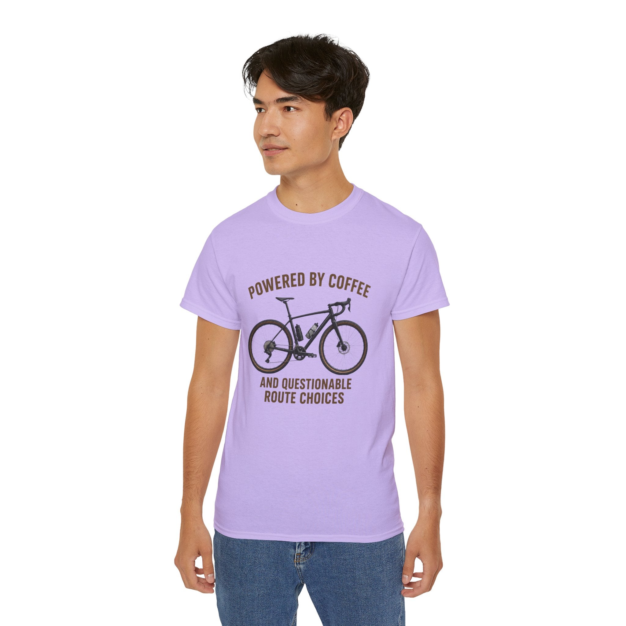 Unisex Coffee-Powered gravel Bike T-Shirt — "Powered by Coffee and Questionable Route Choices"