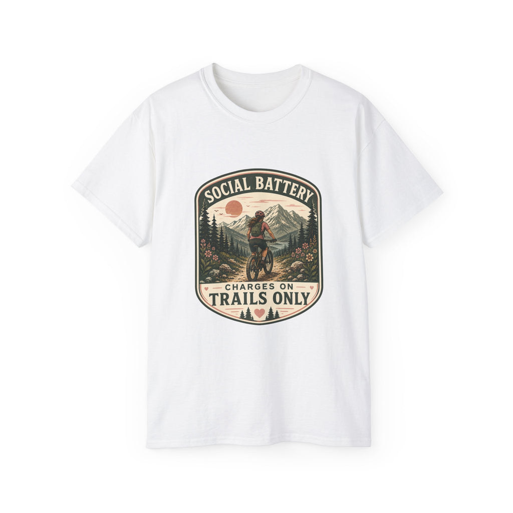 Woman’s Mountain biking T-Shirt — “Social Battery Charges On Trails Only” Outdoor Adventure Tee