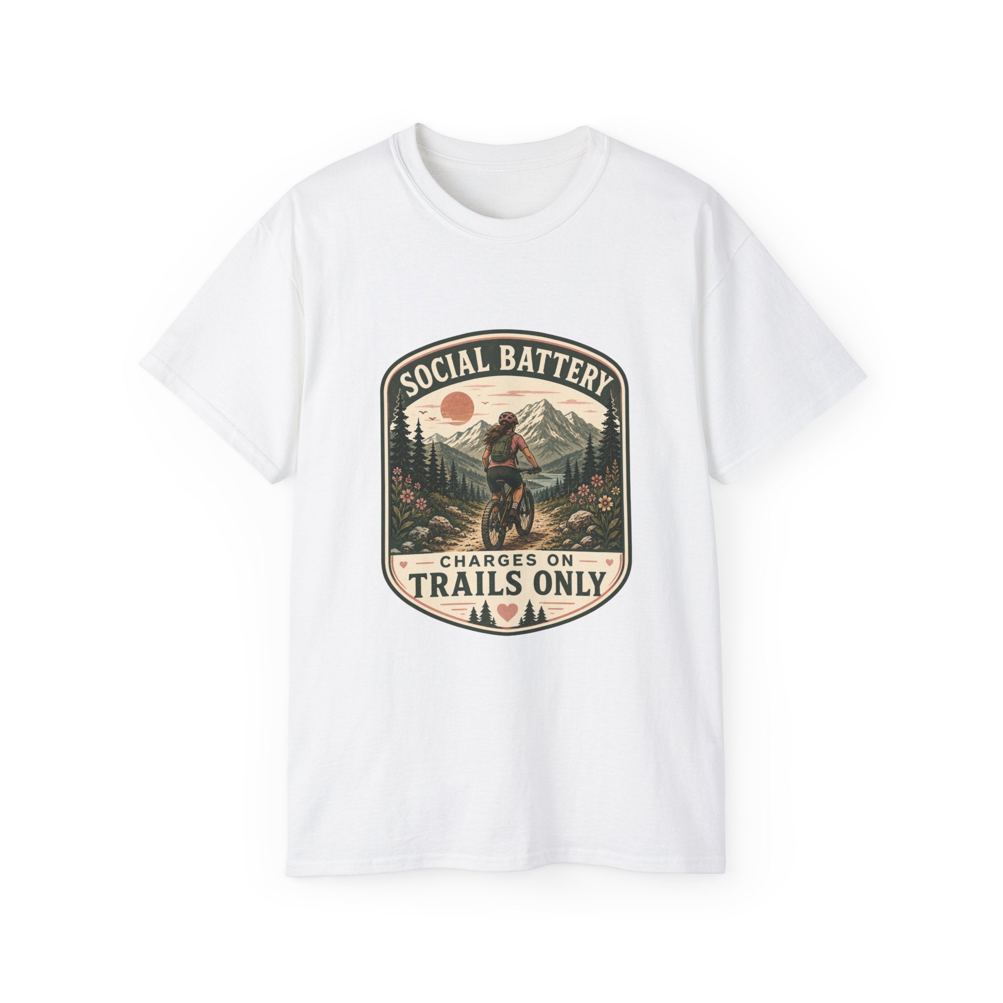 Woman’s Mountain biking T-Shirt — “Social Battery Charges On Trails Only” Outdoor Adventure Tee