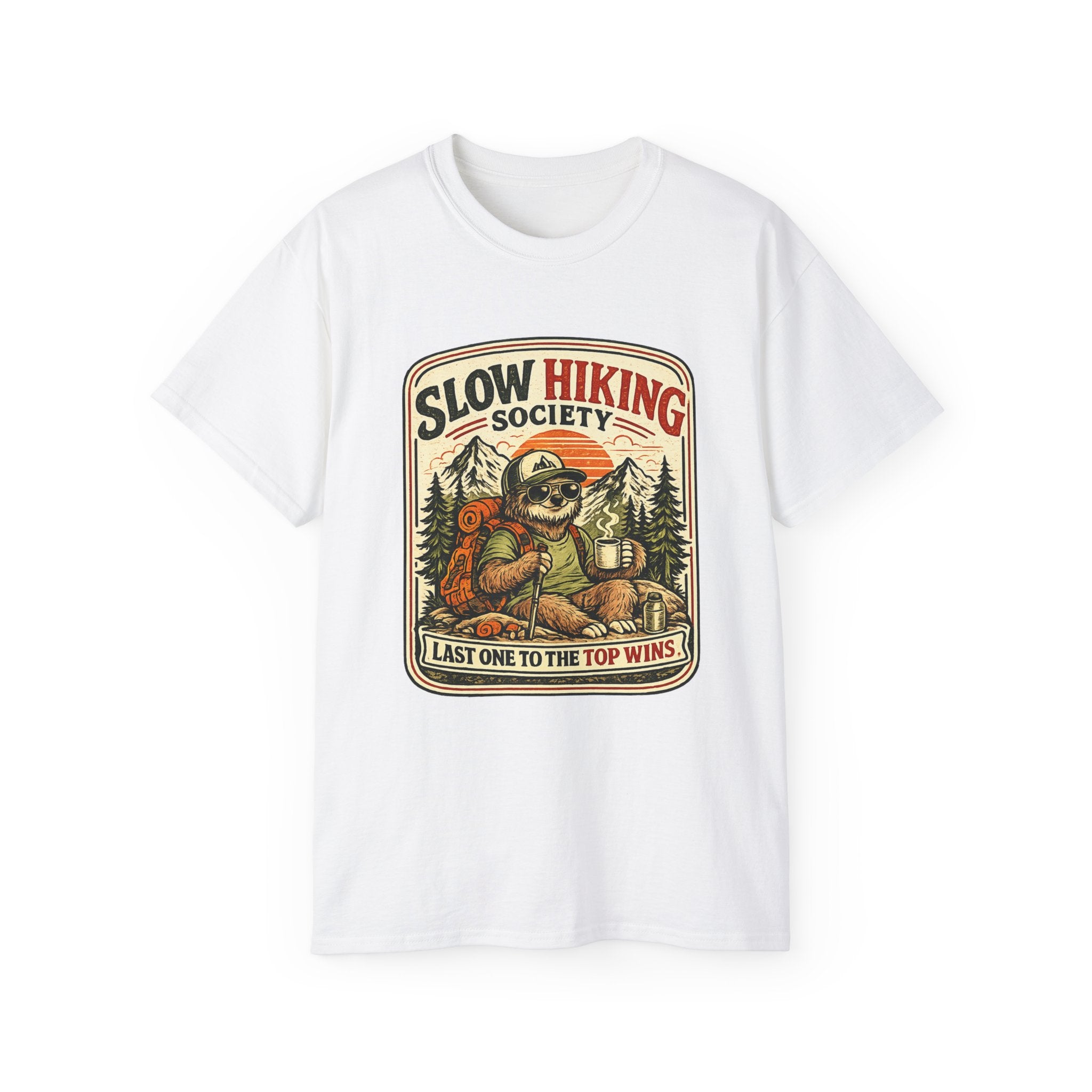 Slow Hiking Society T-Shirt — 'Last One to the Top Wins' Vintage Outdoor Tee