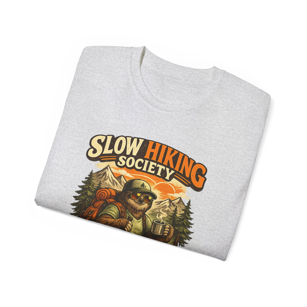 Slow Hiking Society T-Shirt — "Last One to the Top Wins" Vintage Outdoor Tee