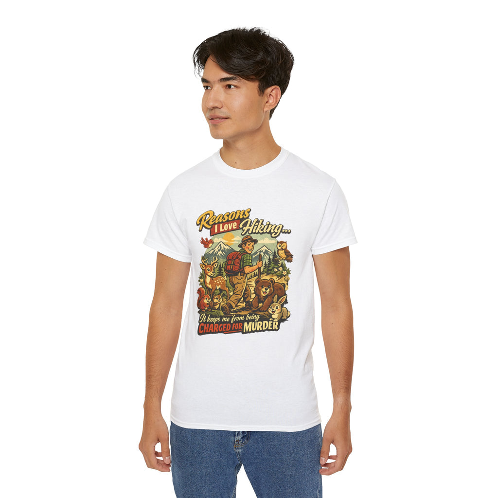 Hiking T-Shirt — Men’s "Reasons I Love Hiking... It Keeps Me From Being Charged For Murder" Vintage Outdoor Tee