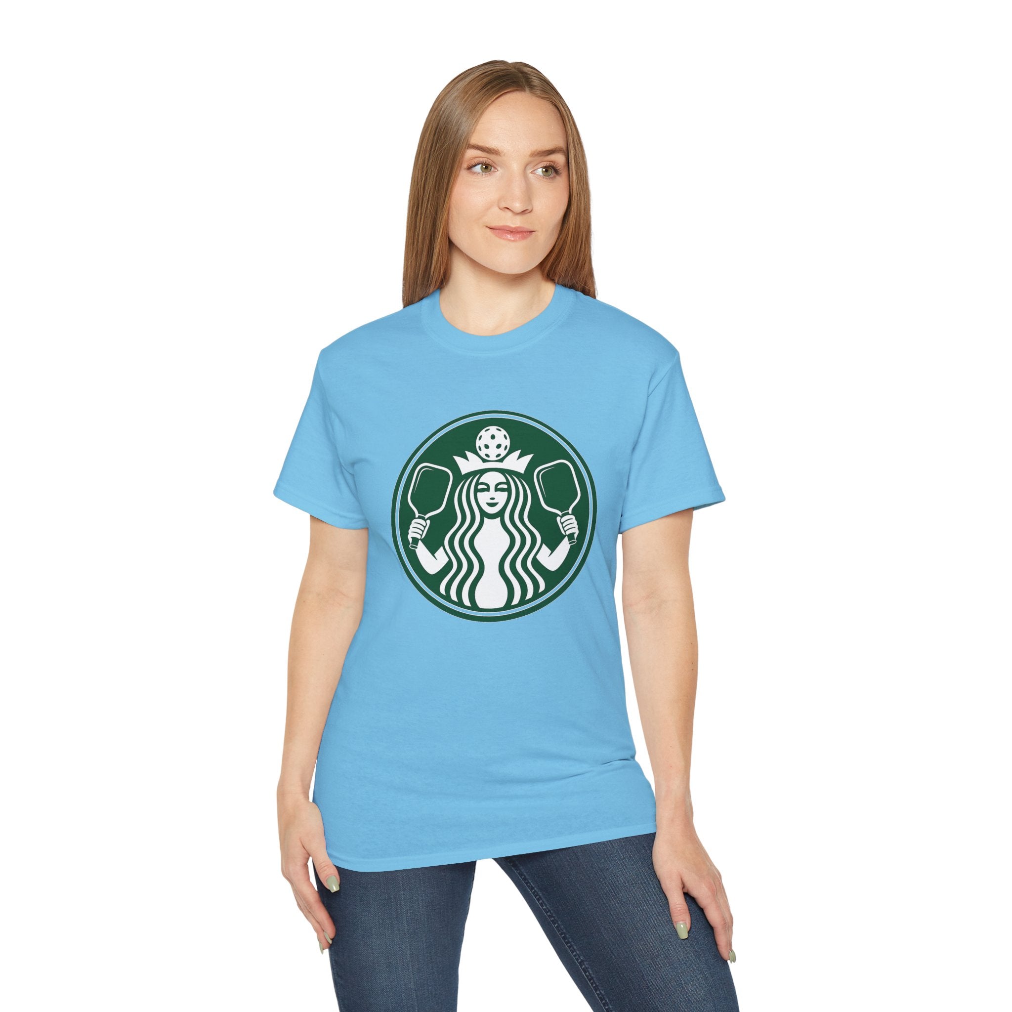 Coffee pickleball Logo Tee — Retro Mermaid Holding paddles Graphic T-Shirt