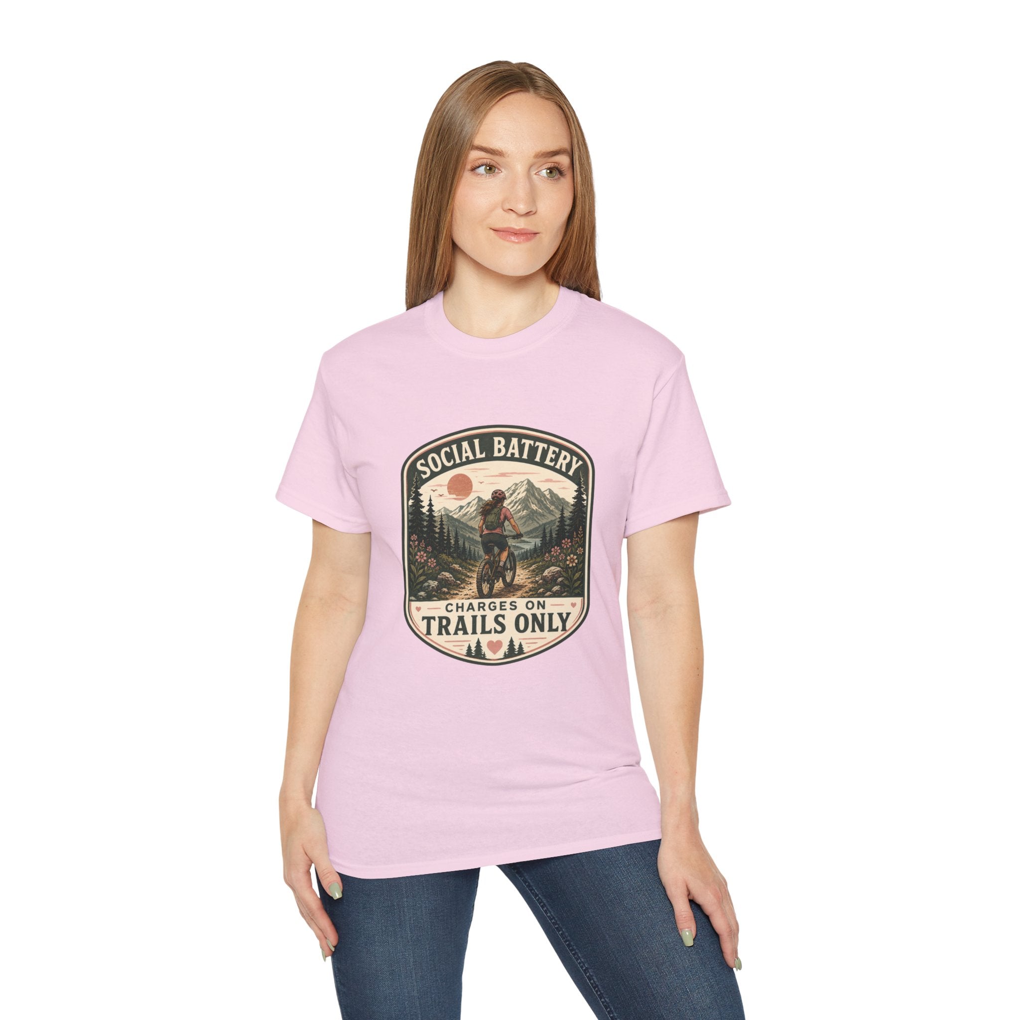 Woman’s Mountain biking T-Shirt — “Social Battery Charges On Trails Only” Outdoor Adventure Tee