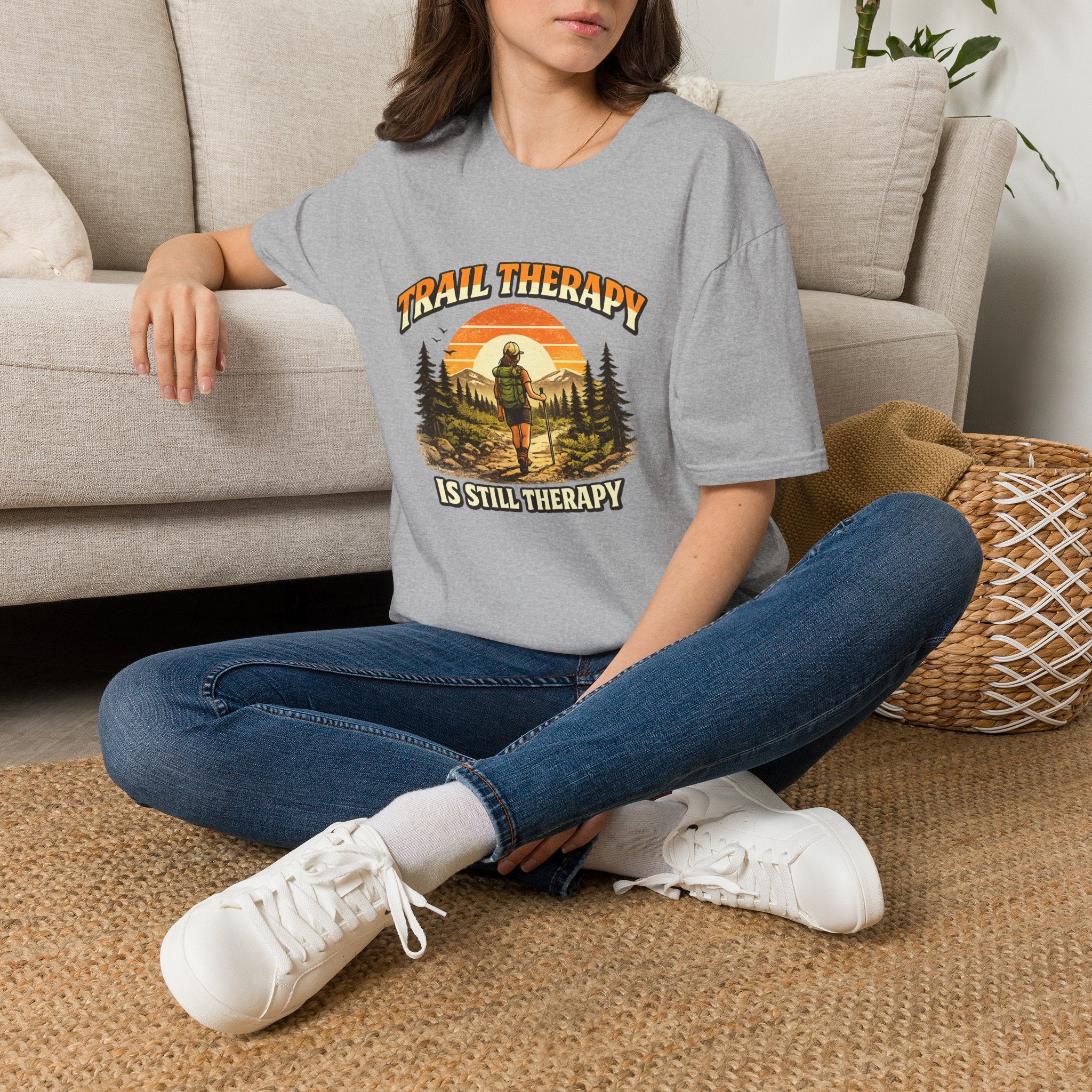 Woman’s Trail Therapy T-Shirt — Female Hiker Sunset Graphic